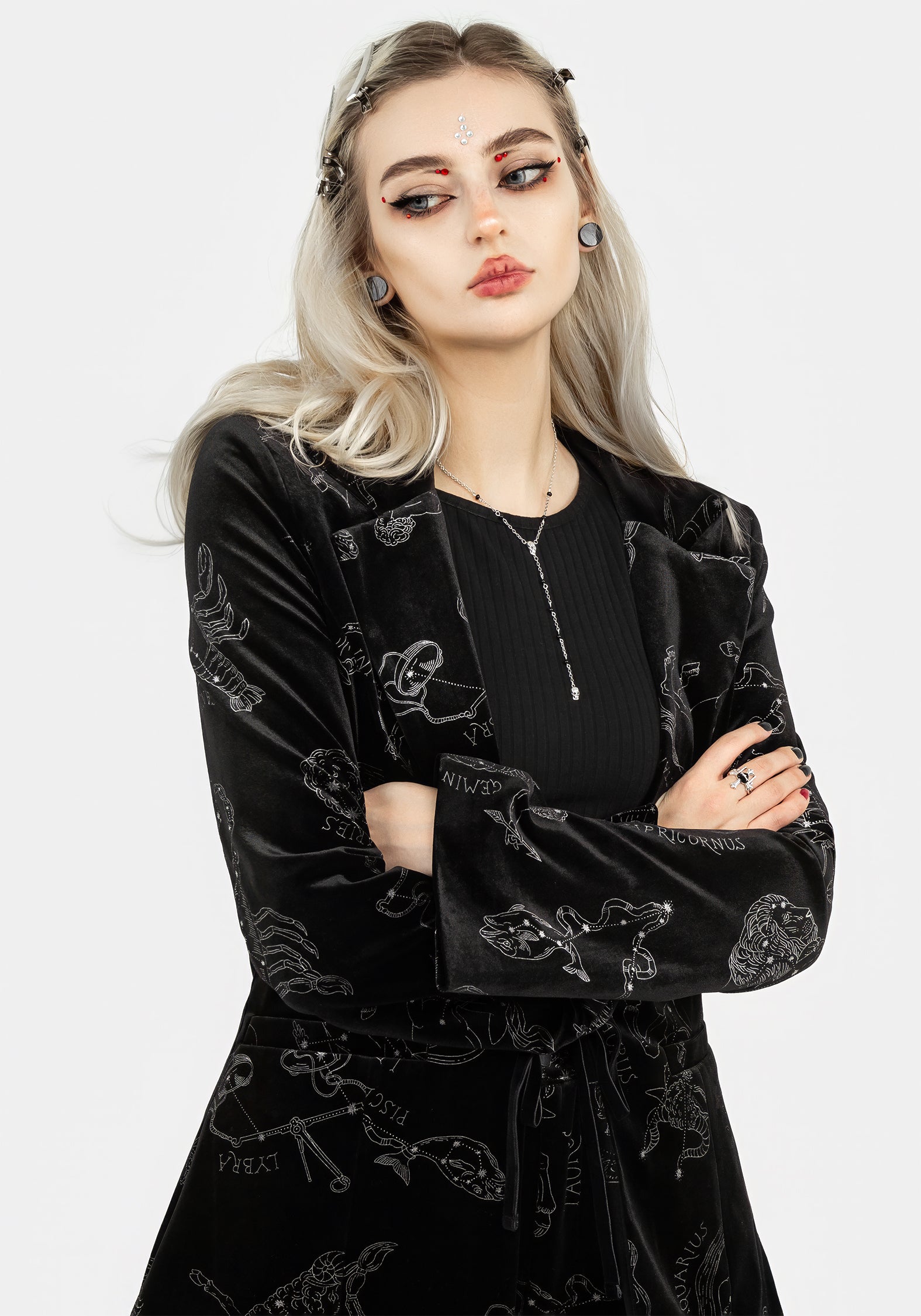 Black Velour Blazer with Zodiac Foil Print | Tailored Fit & Velvet Trim