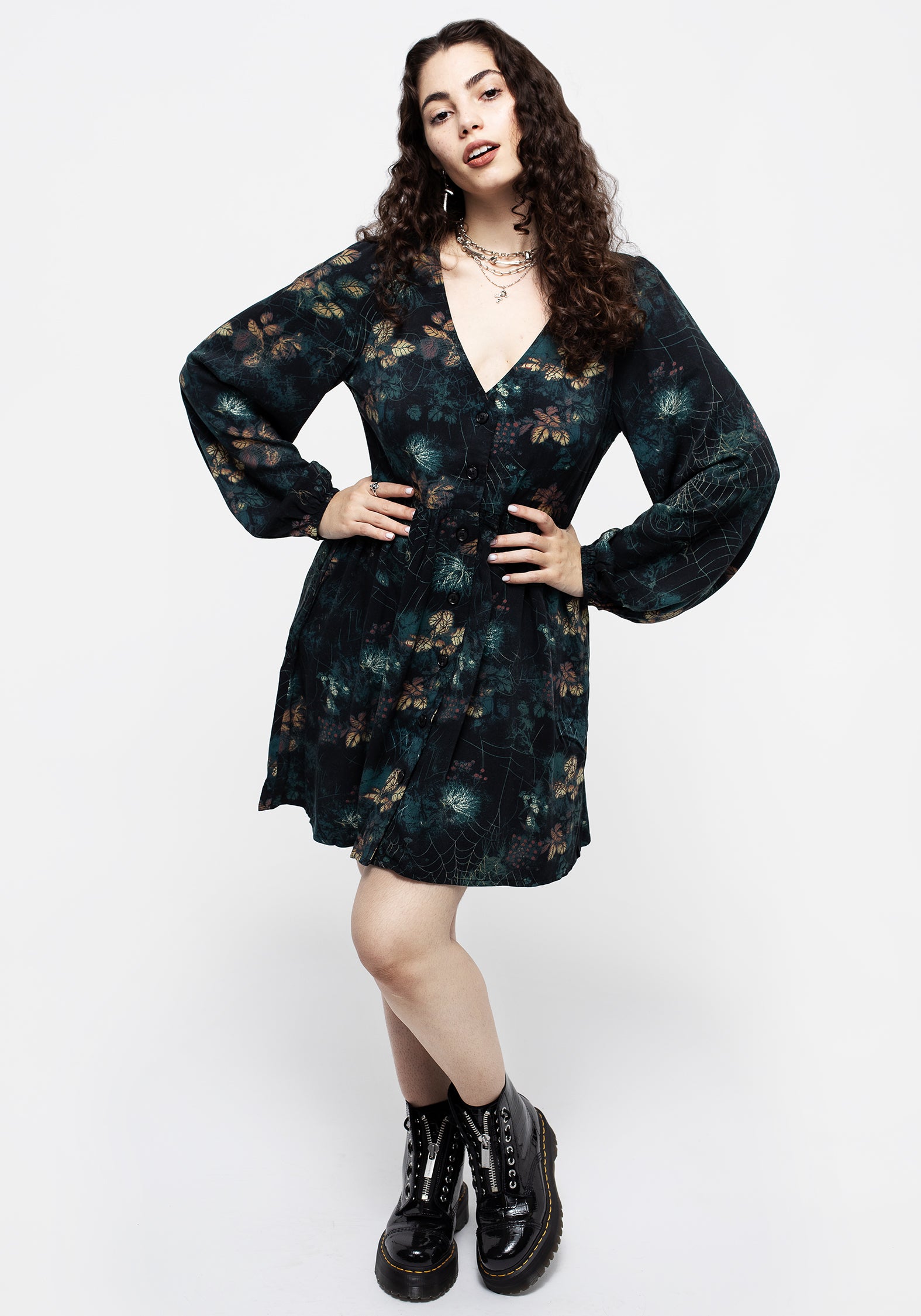 Black Leaf Print Button-Up Mini Dress with Puffed Sleeves | Blackthorn