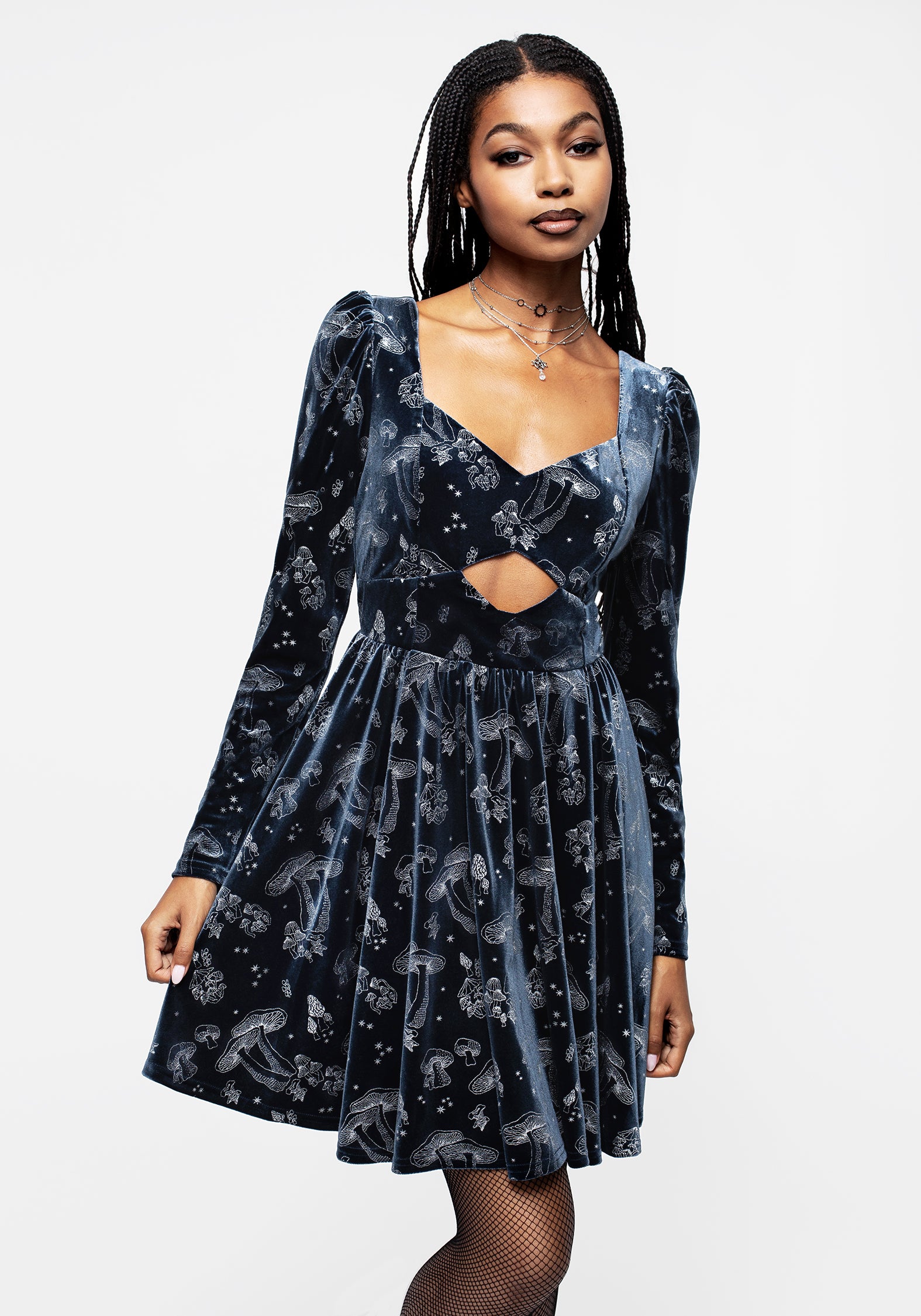 Blue Velour Mini Dress with Silver Foil Mushroom Print | Faefire