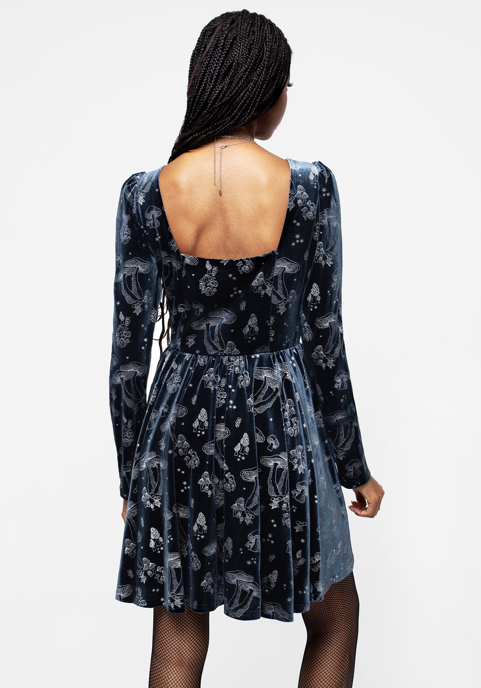 Blue Velour Mini Dress with Silver Foil Mushroom Print | Faefire