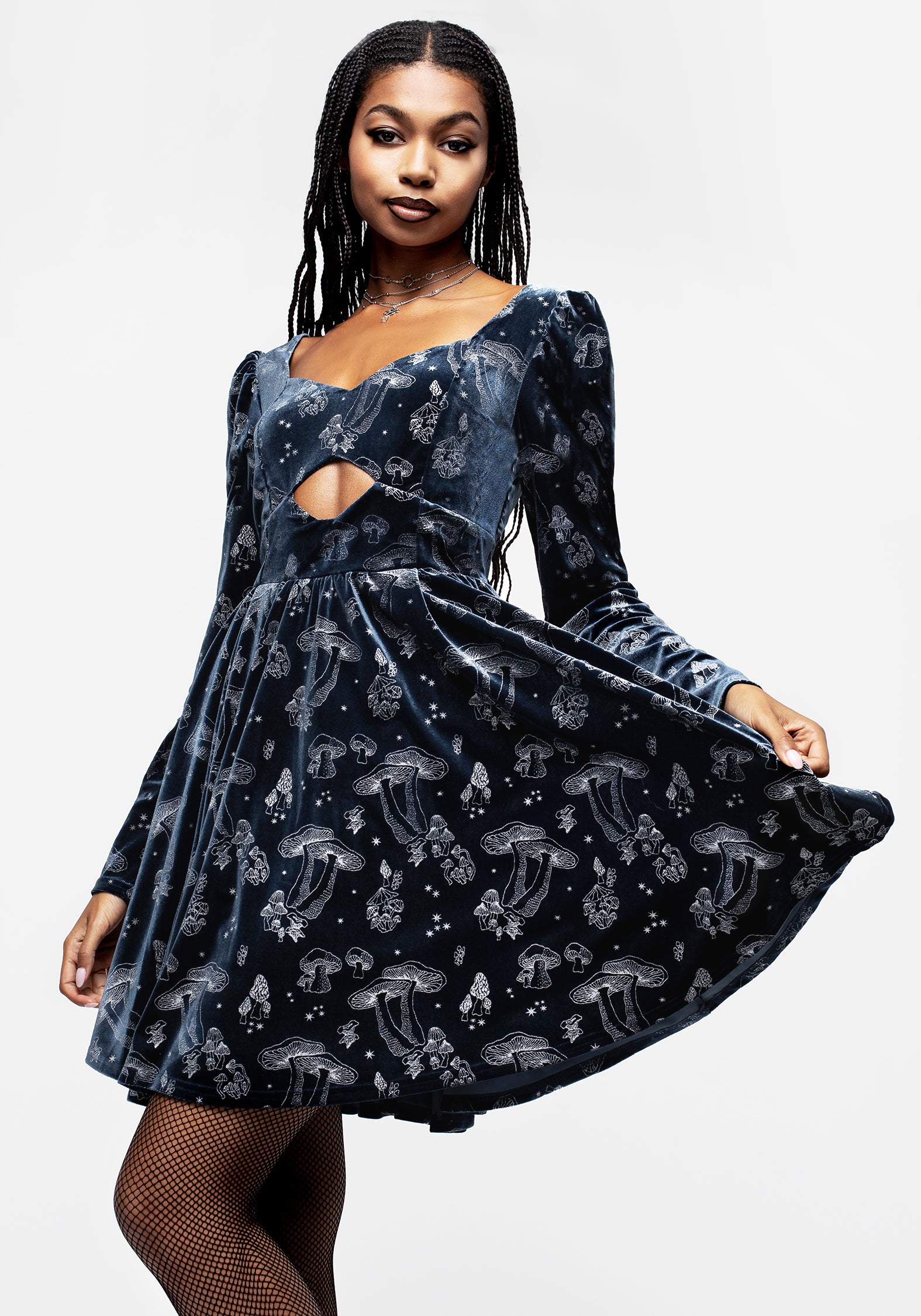 Blue Velour Mini Dress with Silver Foil Mushroom Print | Faefire