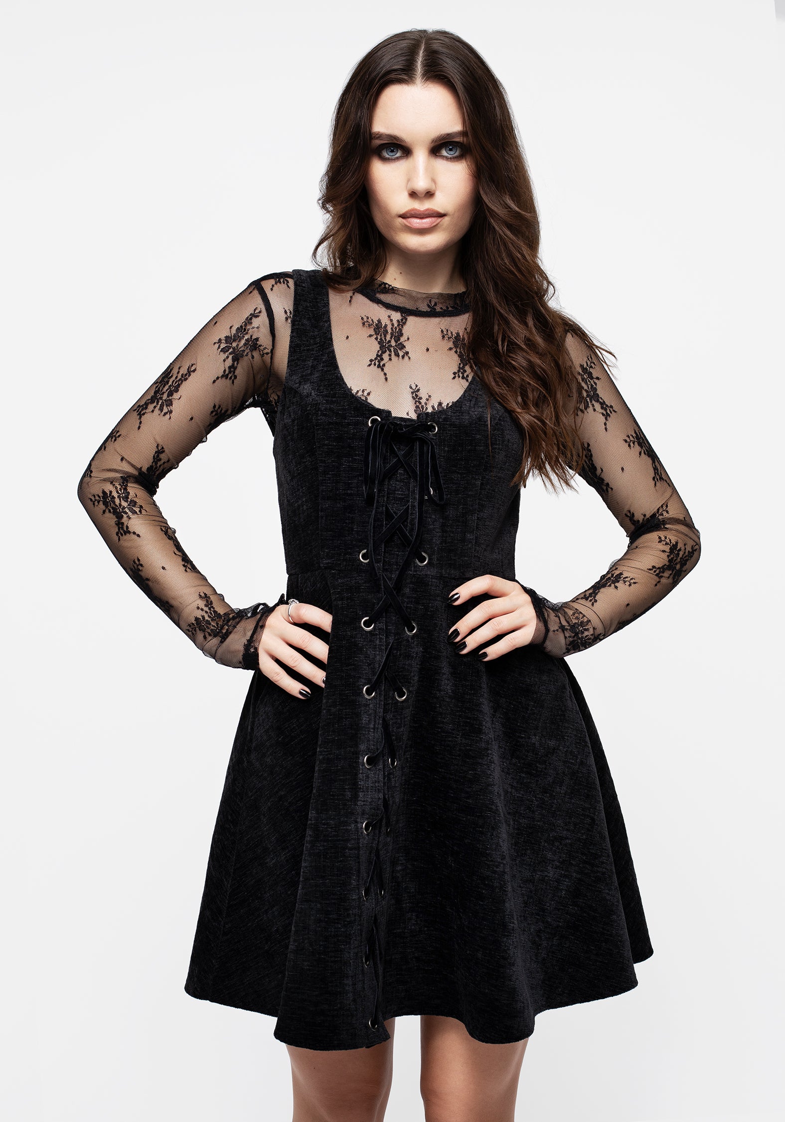 Black Corduroy Lace-Up Mini Dress with A-Line Skirt | Valar