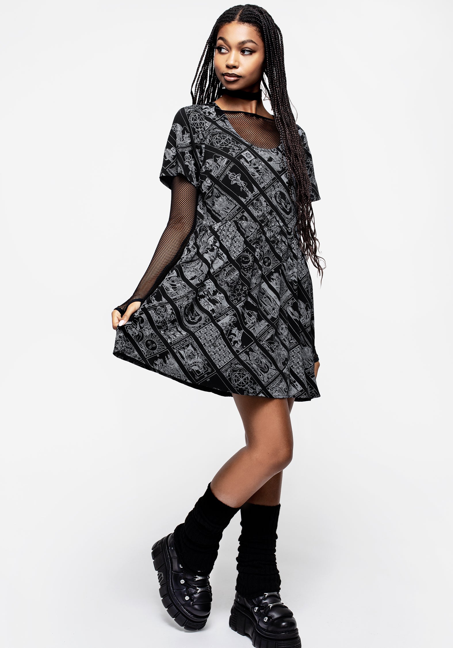 Tarot Print Mini Smock Dress with Scoop Neck | Cartomancy