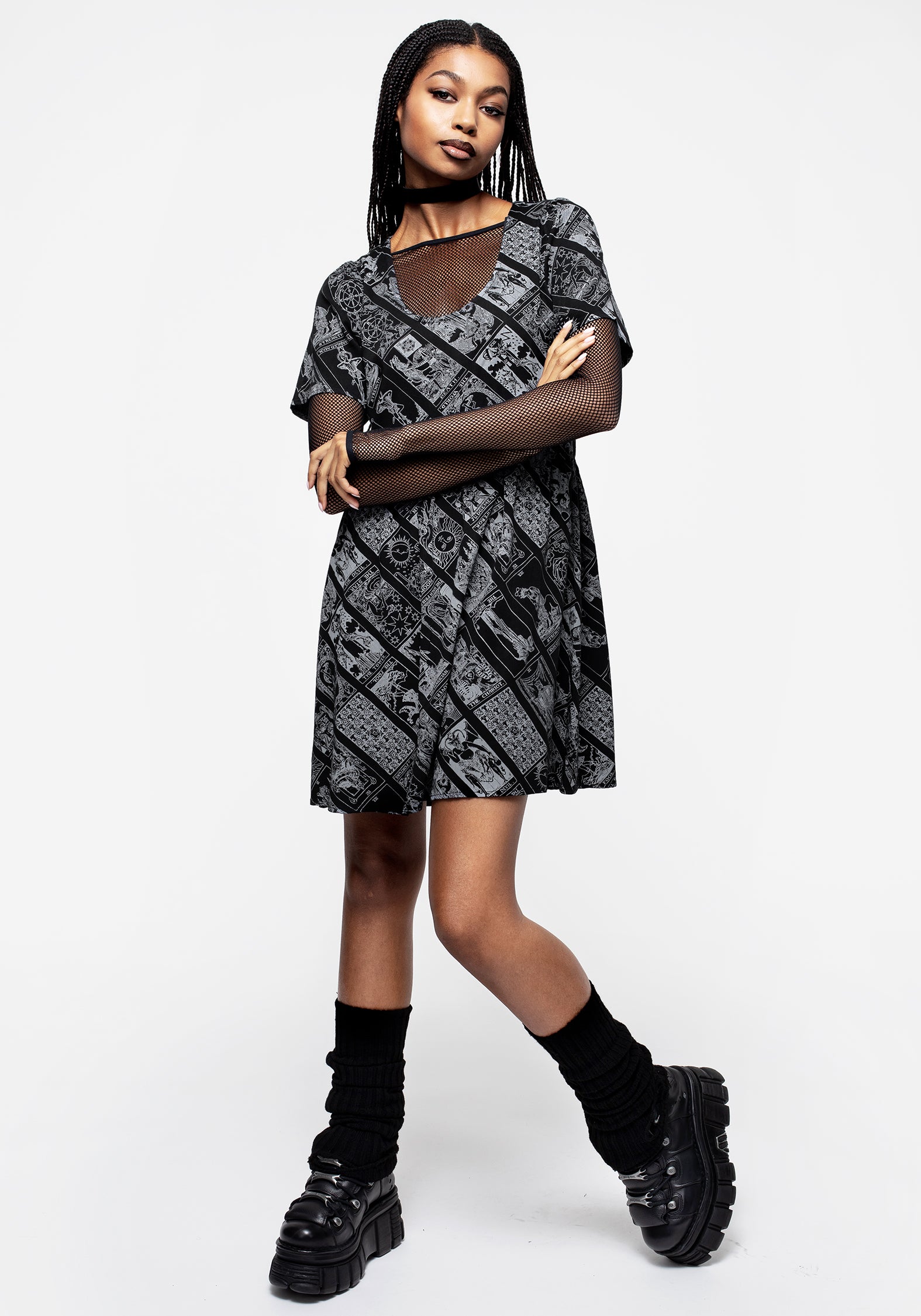 Tarot Print Mini Smock Dress with Scoop Neck | Cartomancy
