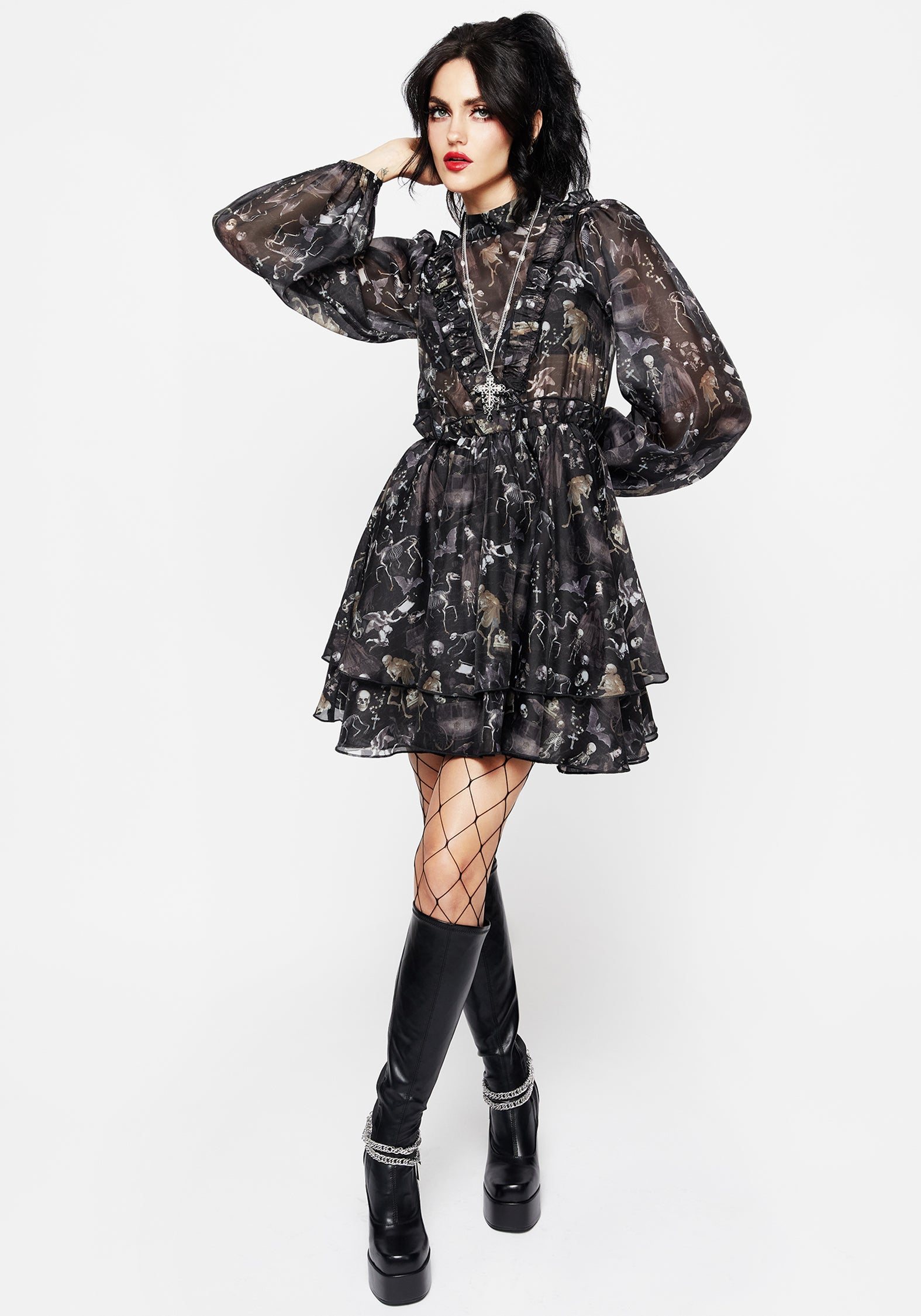 Gothic Victorian Print Organza Mini Dress with Frill Yoke | Melancholia