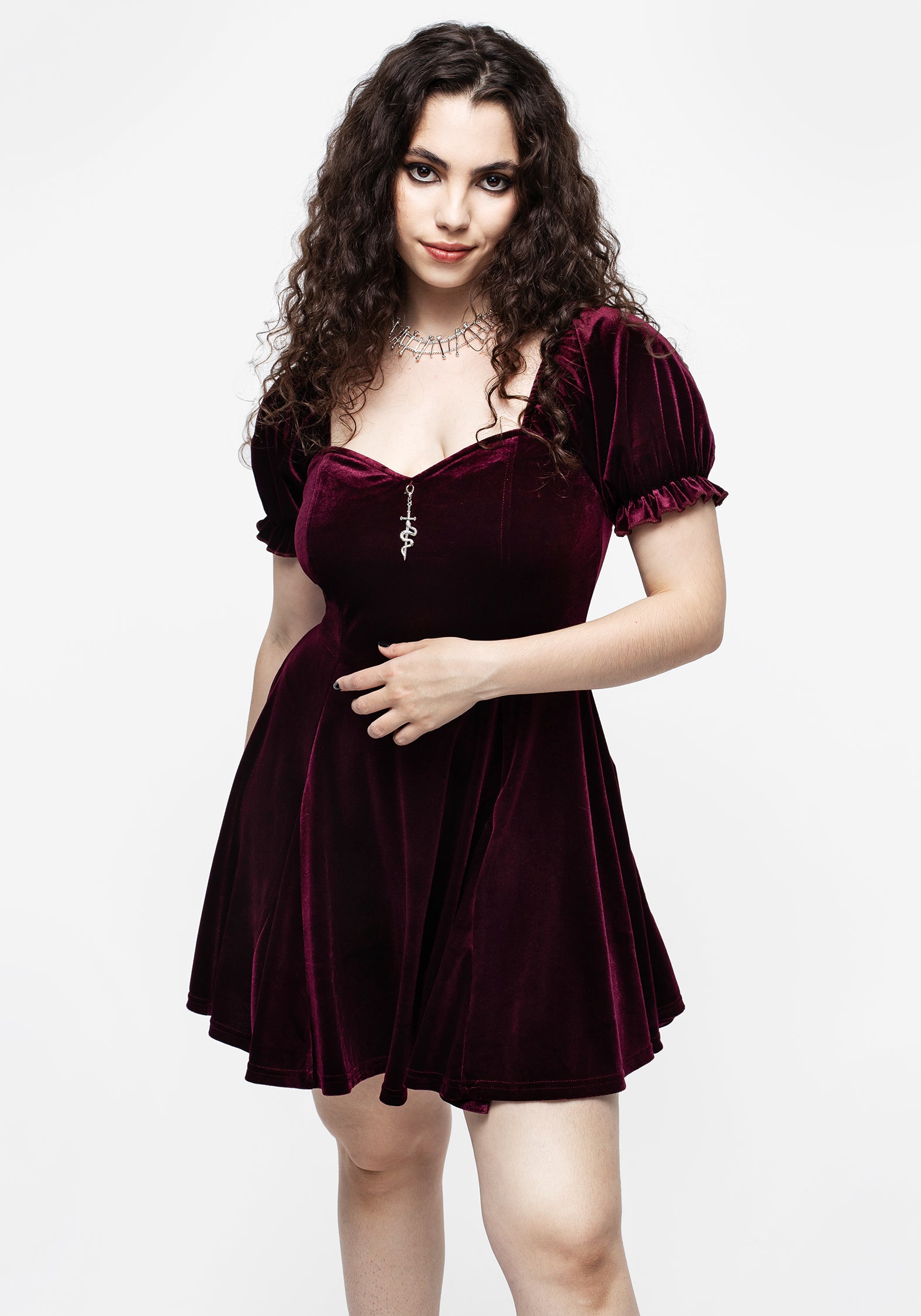 Red Velvet Corset Mini Dress with Puff Sleeves | Veniri