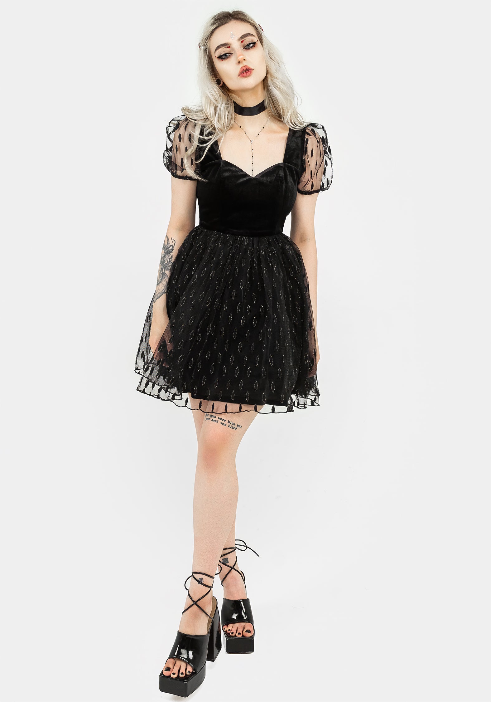 Black Velour & Tulle Puff Mini Dress with Sweetheart Neckline | Ellipse