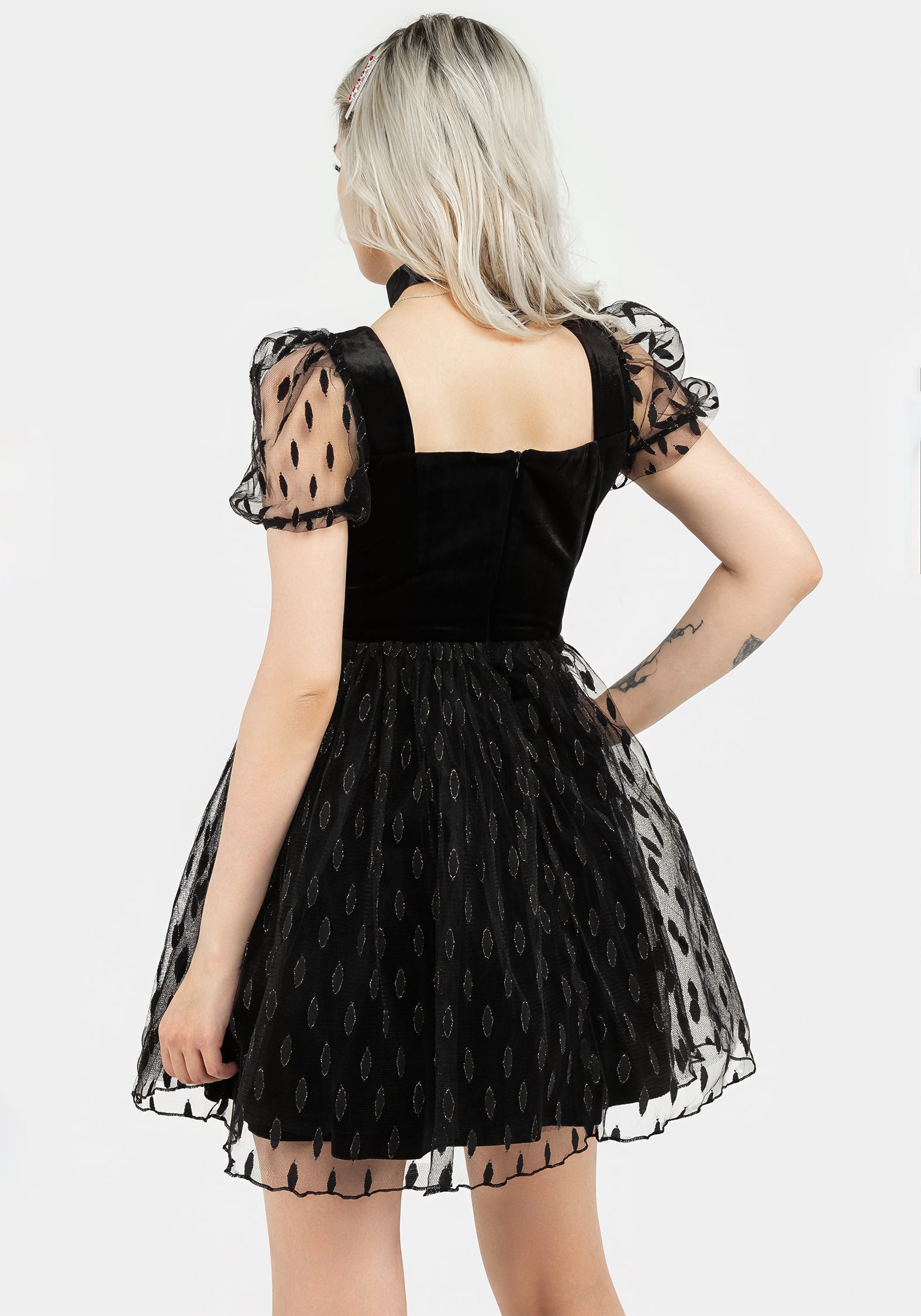Black Velour & Tulle Puff Mini Dress with Sweetheart Neckline | Ellipse