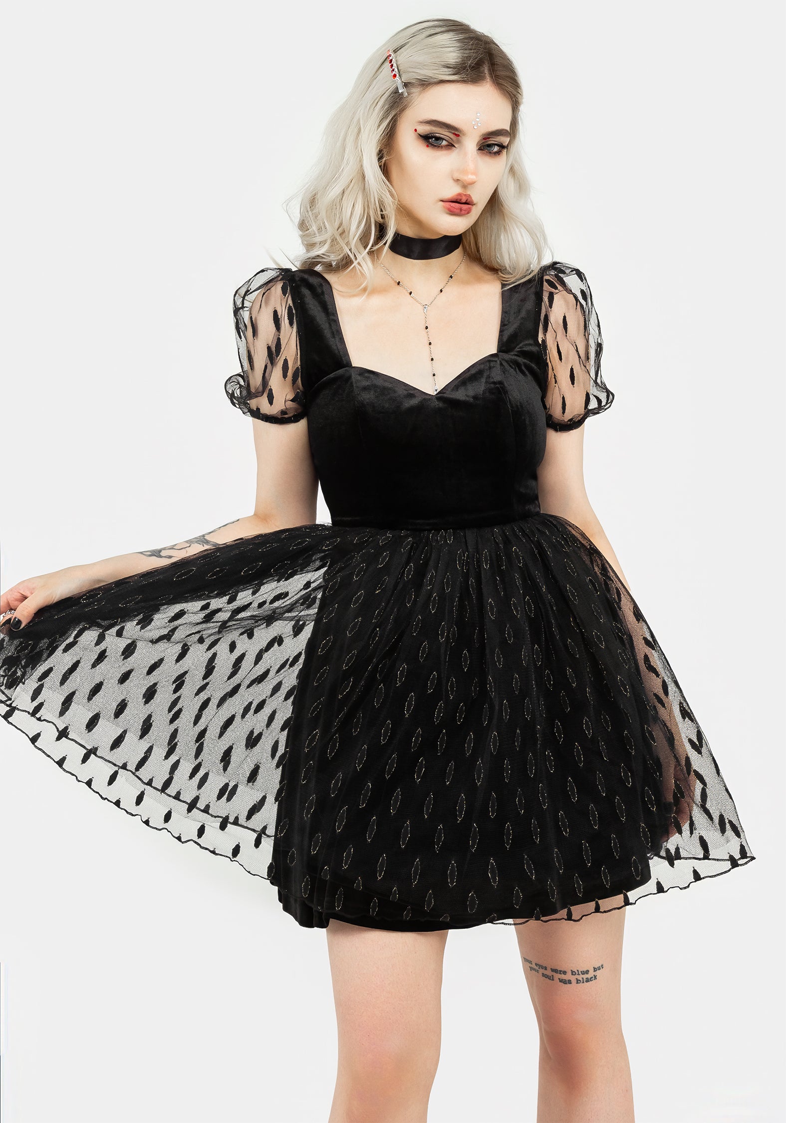 Black Velour & Tulle Puff Mini Dress with Sweetheart Neckline | Ellipse