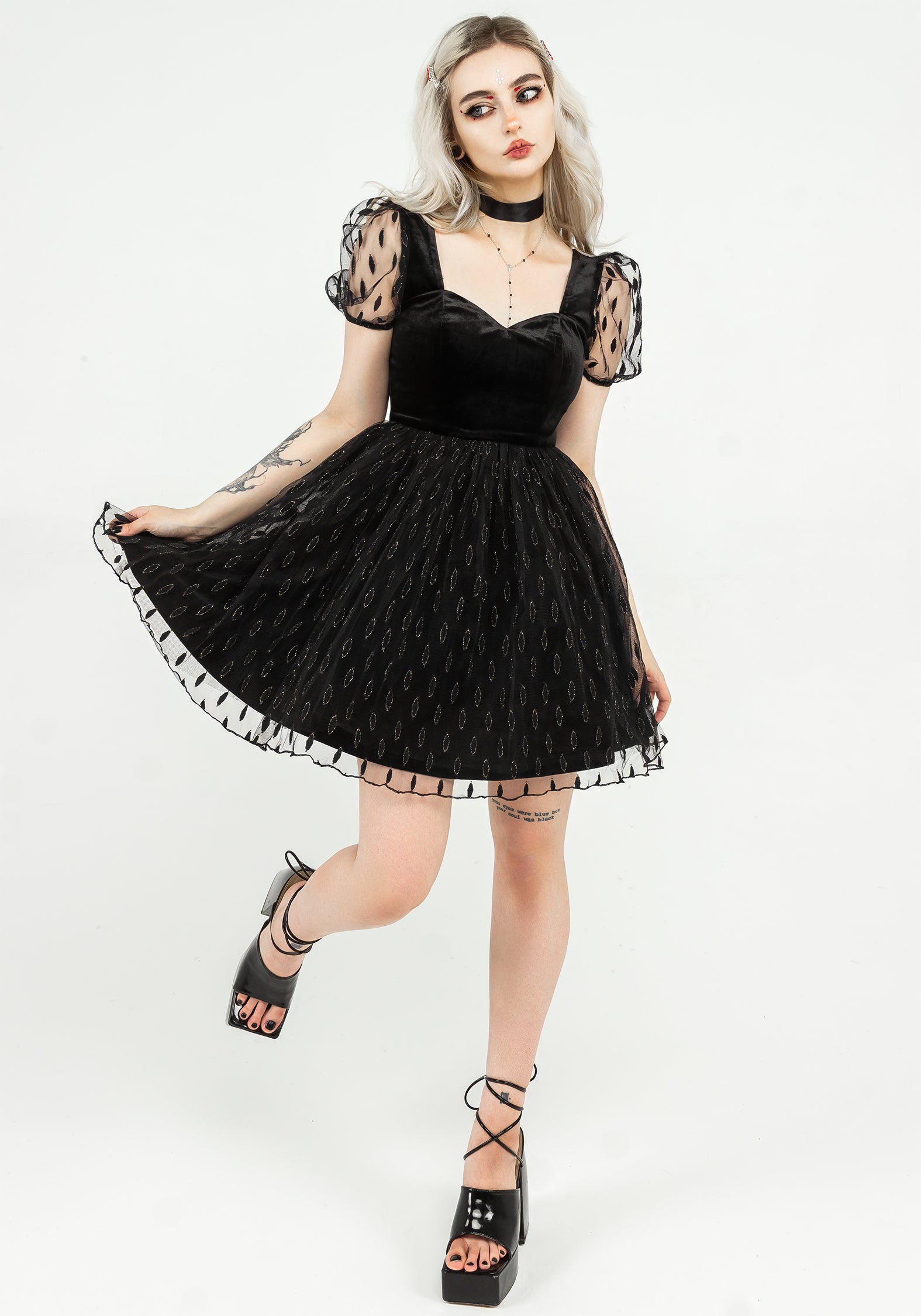 Black Velour & Tulle Puff Mini Dress with Sweetheart Neckline | Ellipse