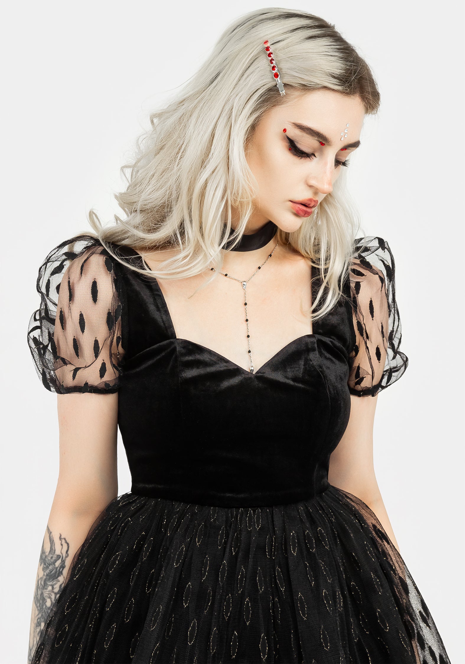 Black Velour & Tulle Puff Mini Dress with Sweetheart Neckline | Ellipse
