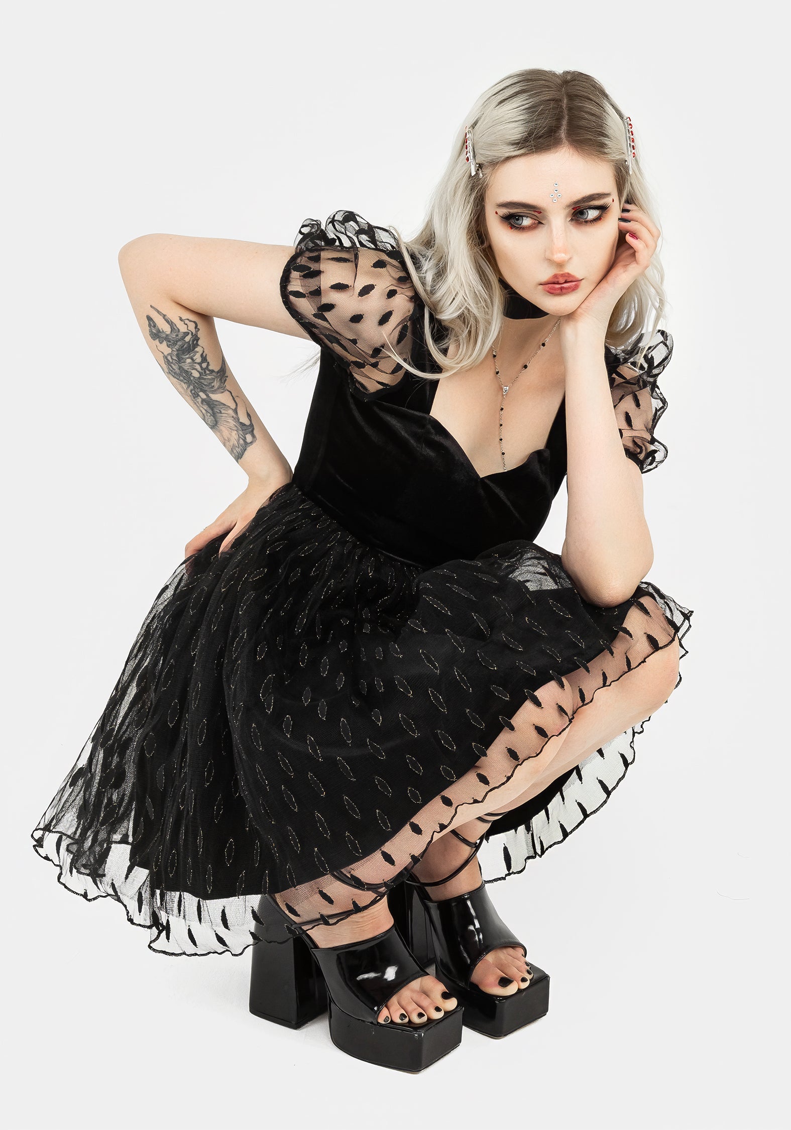 Black Velour & Tulle Puff Mini Dress with Sweetheart Neckline | Ellipse
