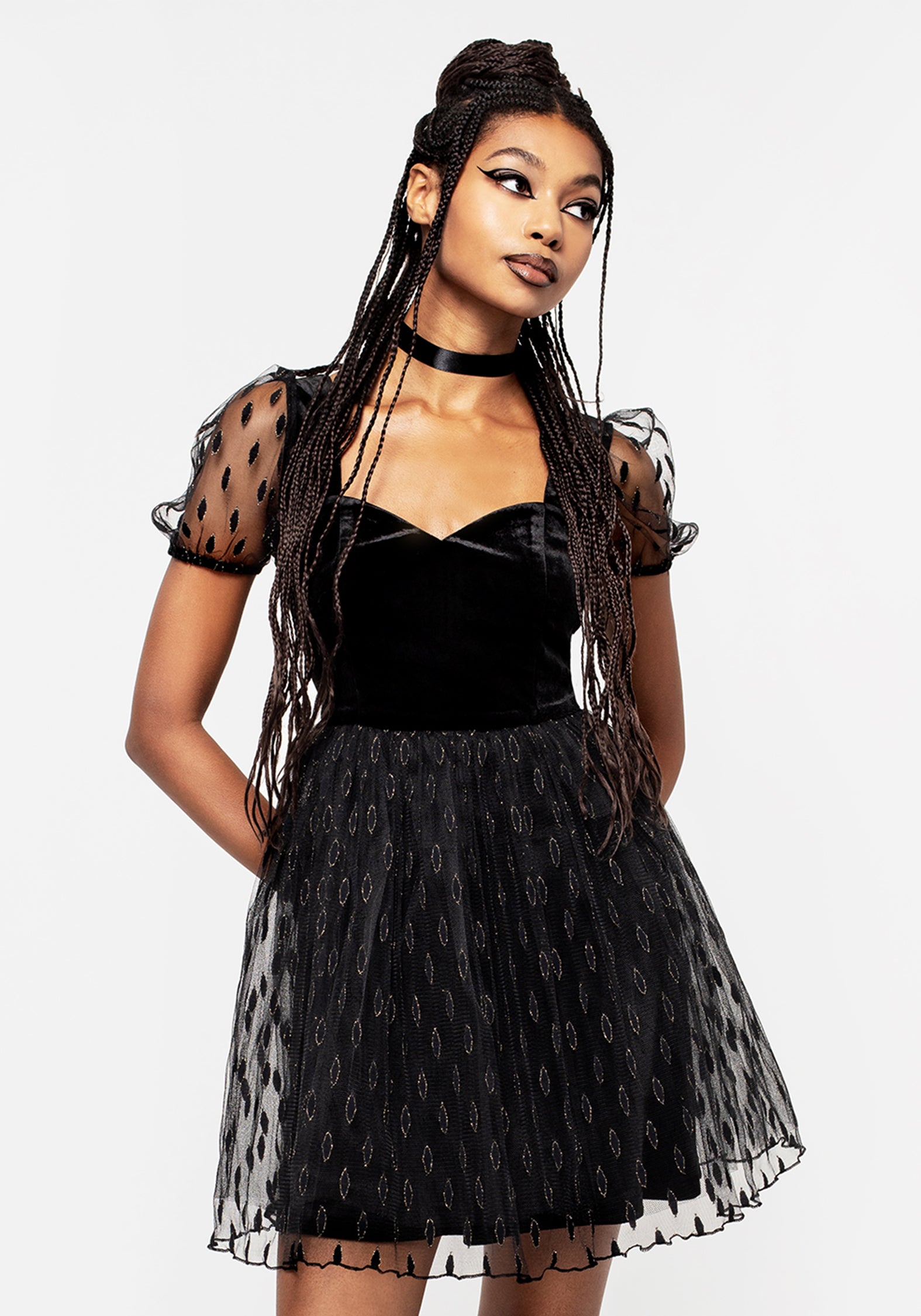 Black Velour & Tulle Puff Mini Dress with Sweetheart Neckline | Ellipse