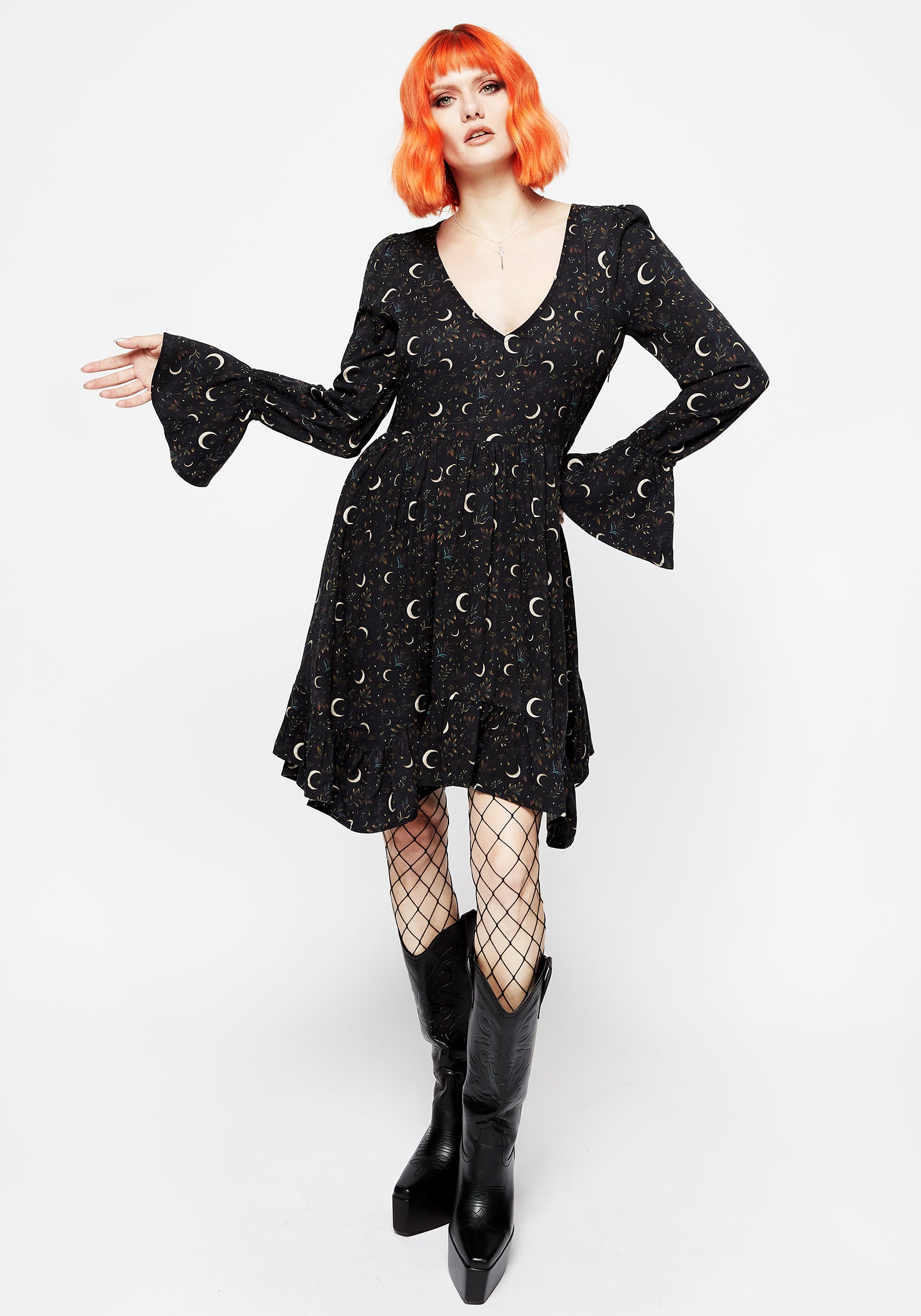 Black Floral Moon Print Mini Dress with Handkerchief Hem | Sickle Moon