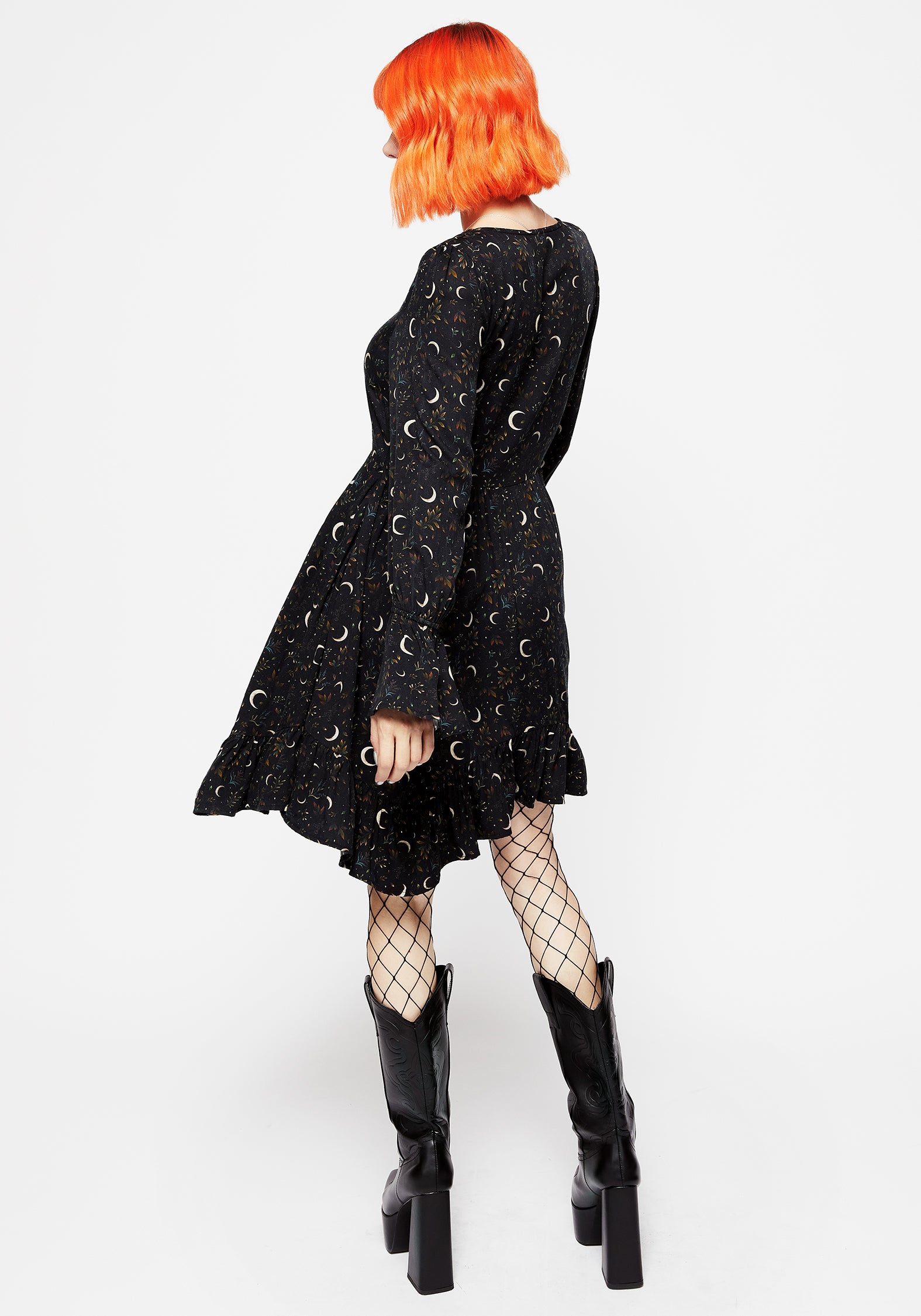 Black Floral Moon Print Mini Dress with Handkerchief Hem | Sickle Moon