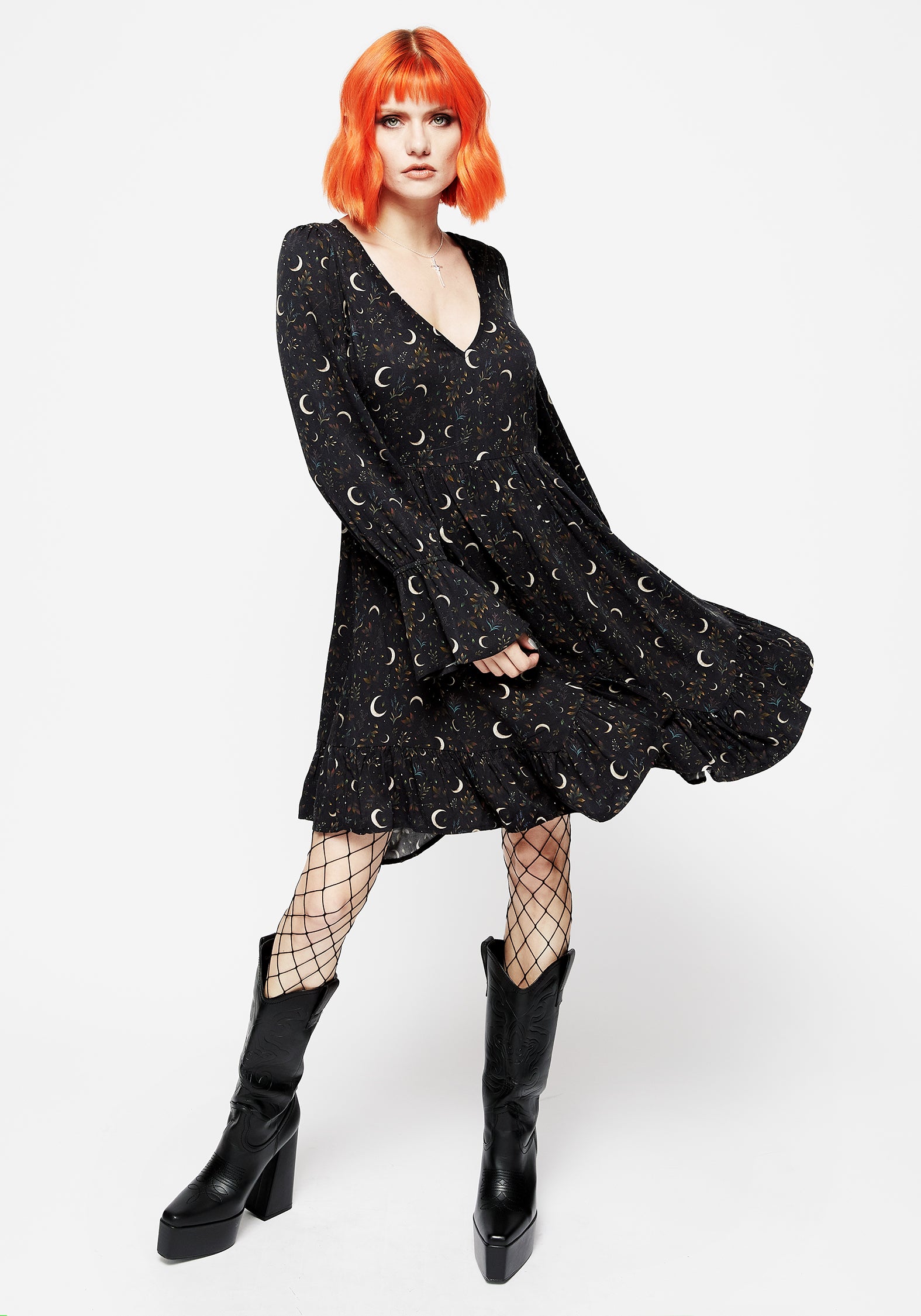 Black Floral Moon Print Mini Dress with Handkerchief Hem | Sickle Moon