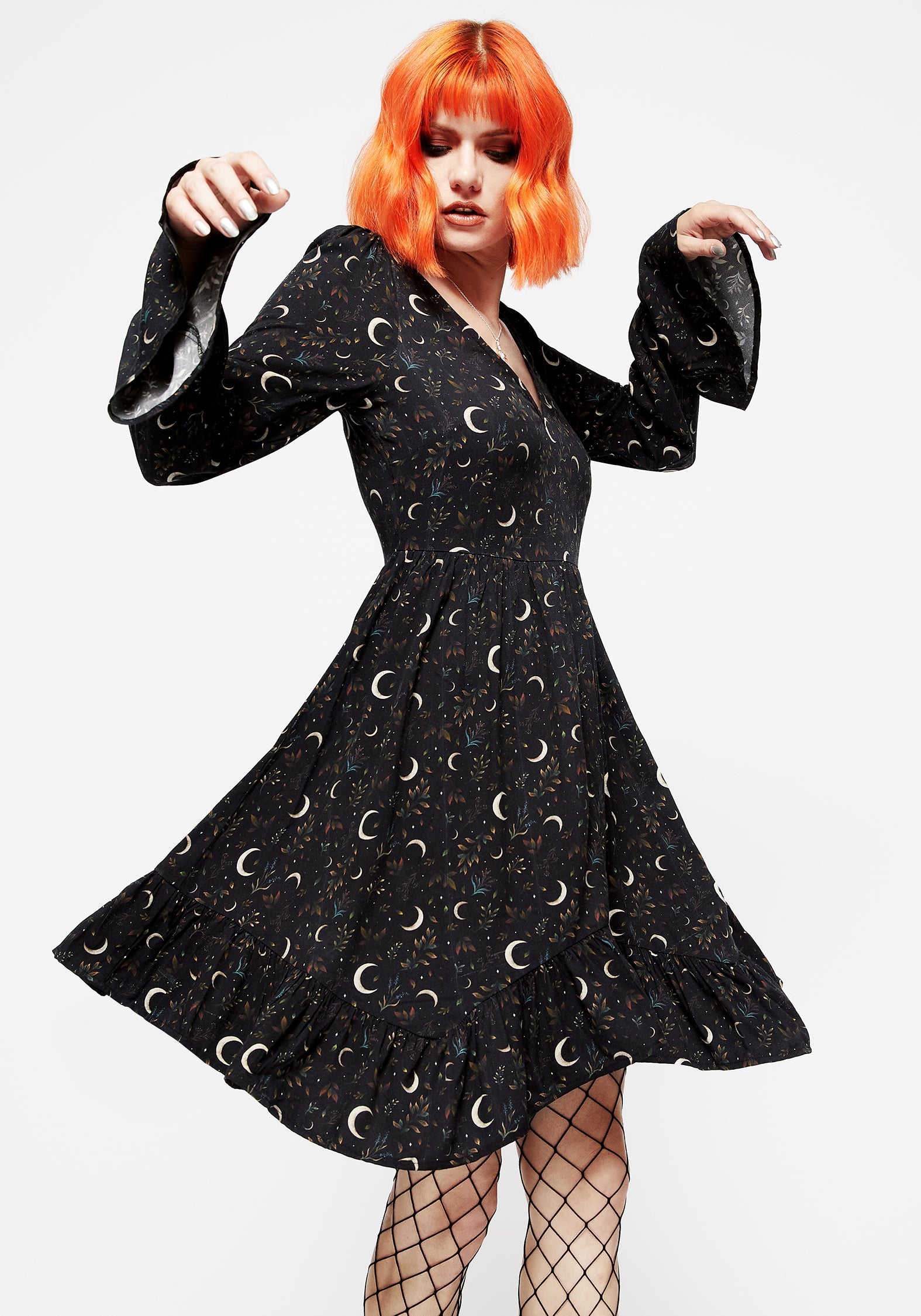 Black Floral Moon Print Mini Dress with Handkerchief Hem | Sickle Moon