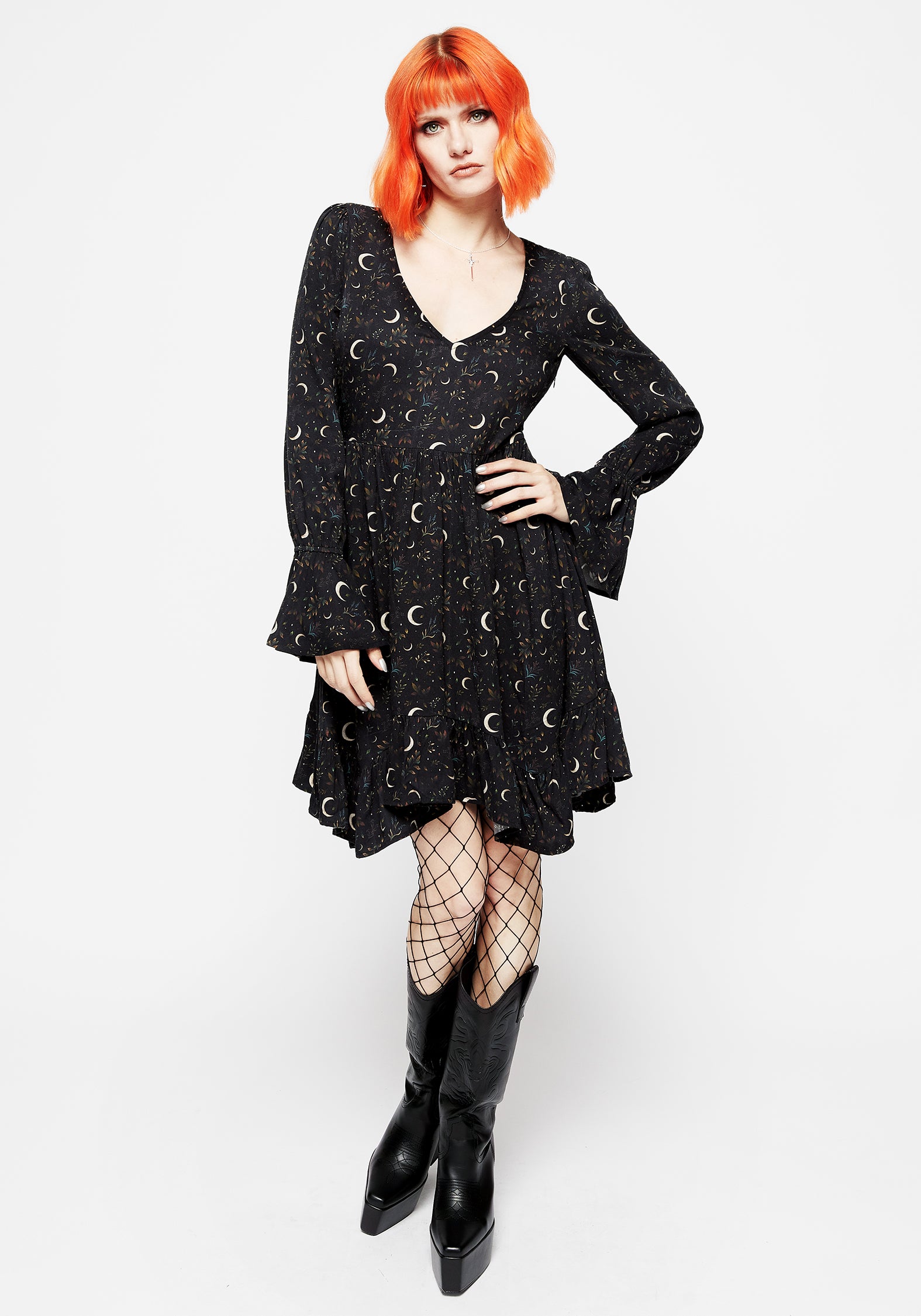 Black Floral Moon Print Mini Dress with Handkerchief Hem | Sickle Moon