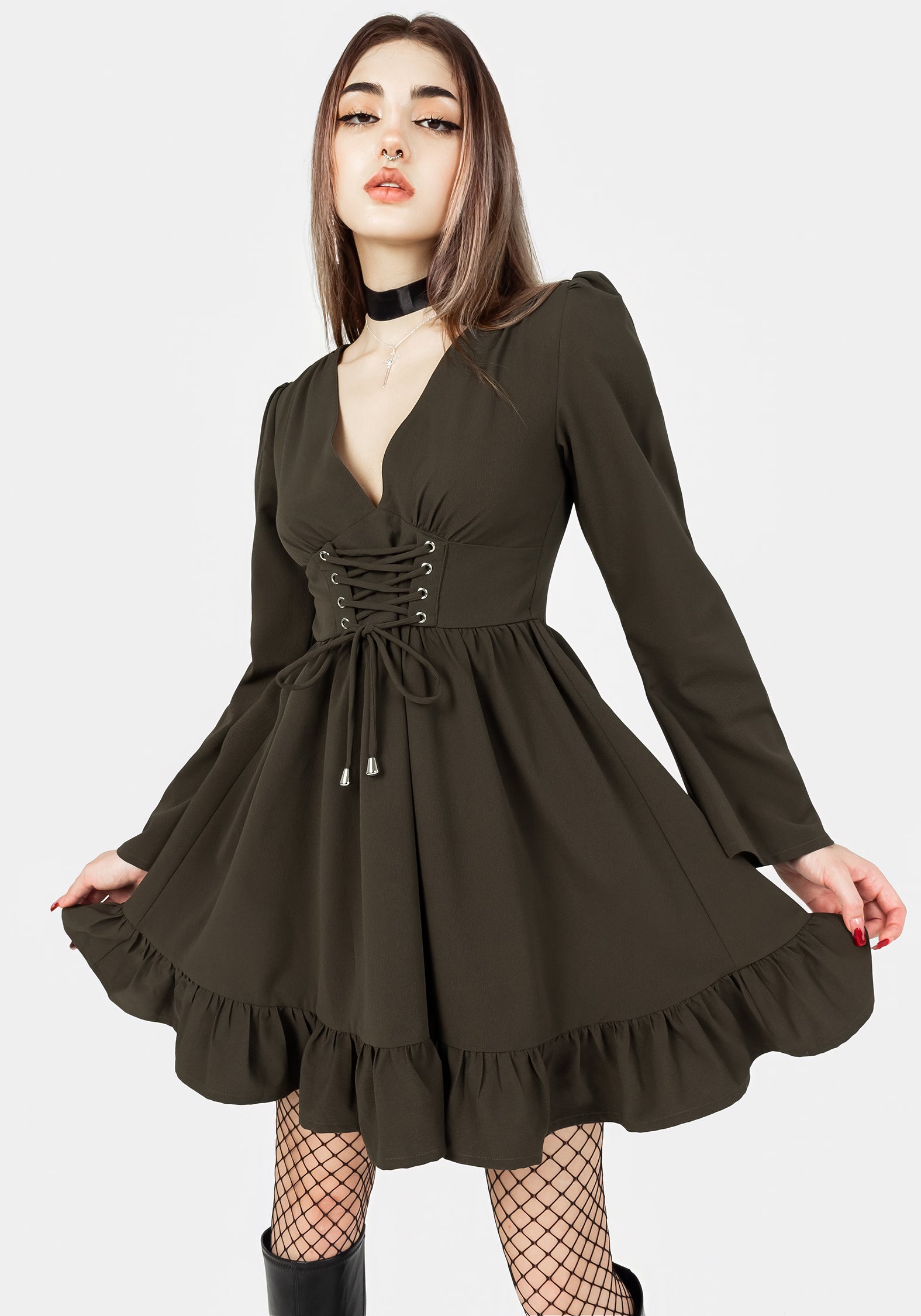 Green Lace Up Mini Dress with Plunging Neckline | Aura