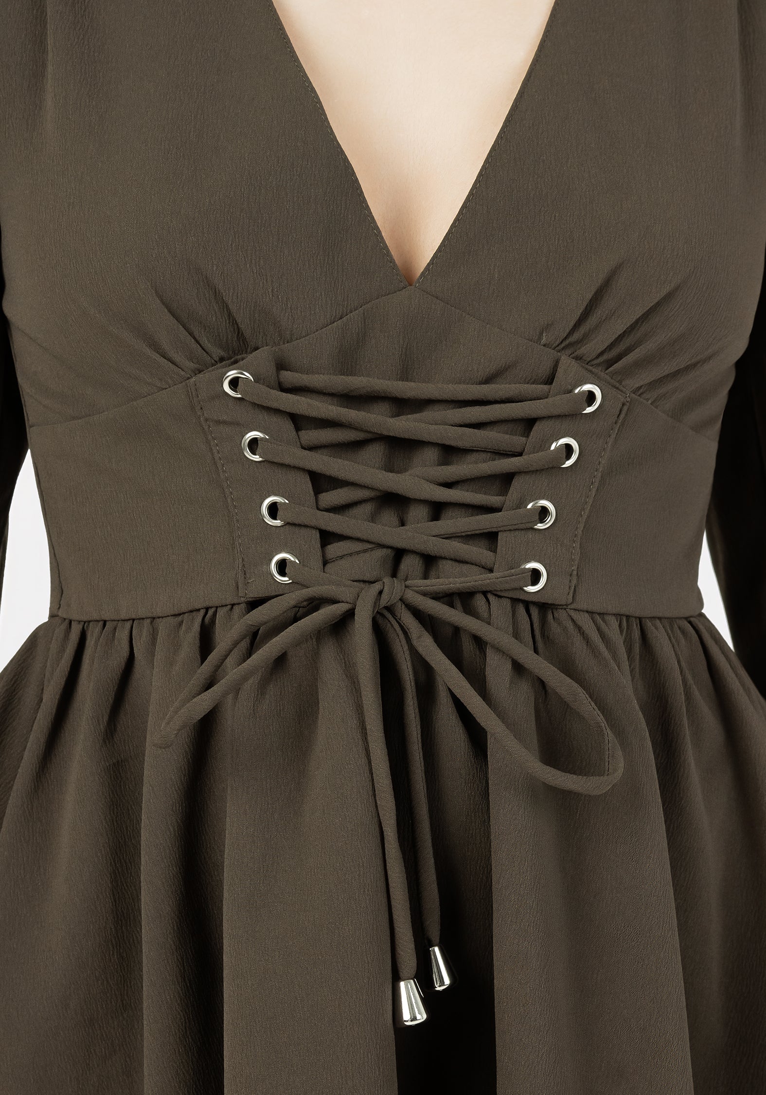 Green Lace Up Mini Dress with Plunging Neckline | Aura