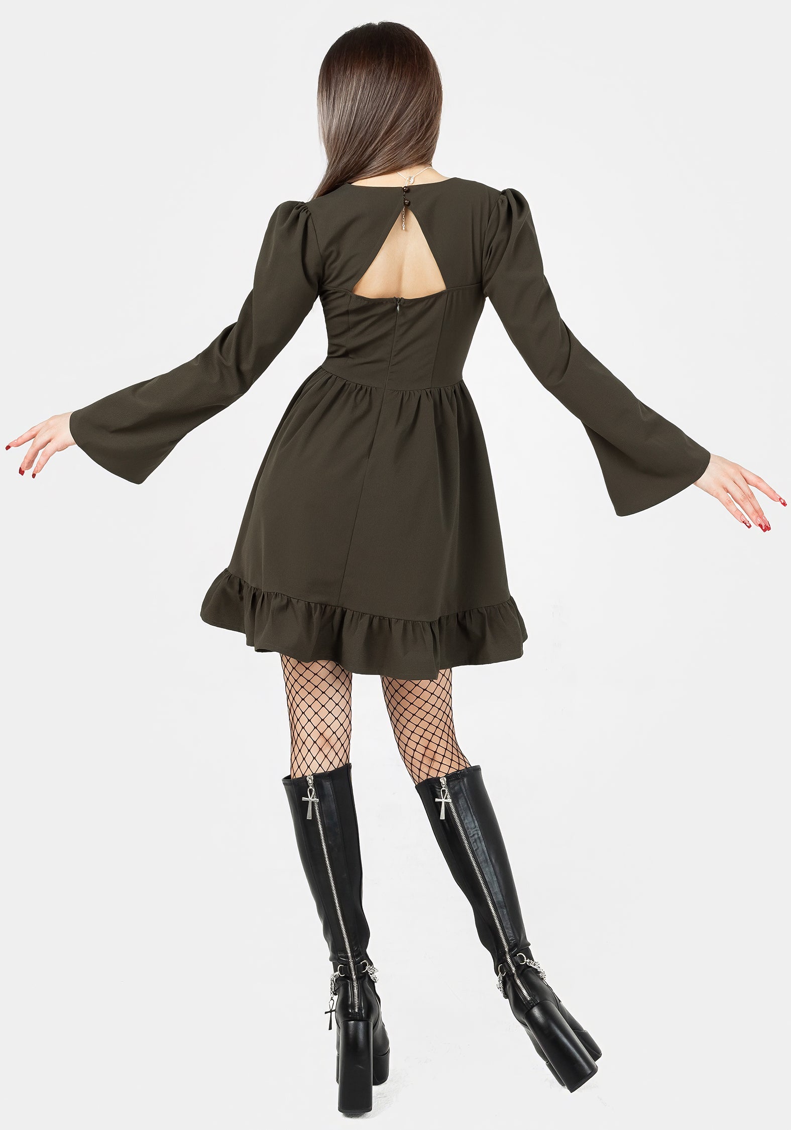 Green Lace Up Mini Dress with Plunging Neckline | Aura