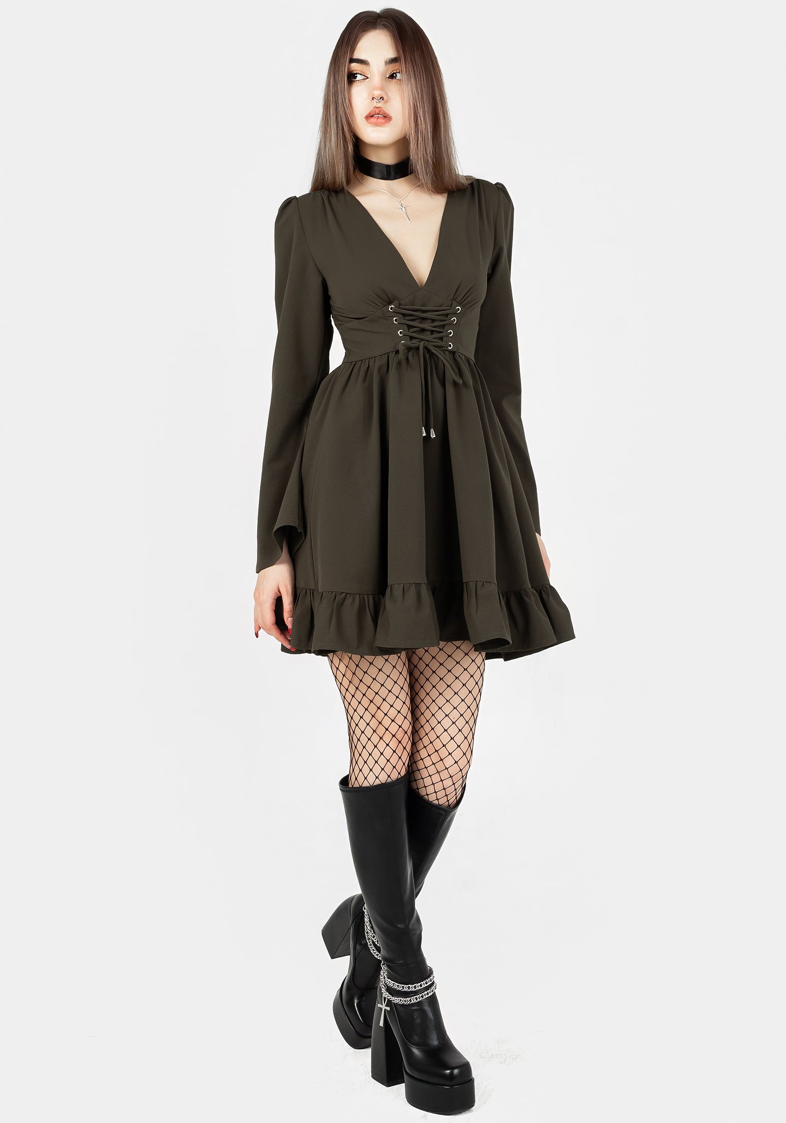 Green Lace Up Mini Dress with Plunging Neckline | Aura