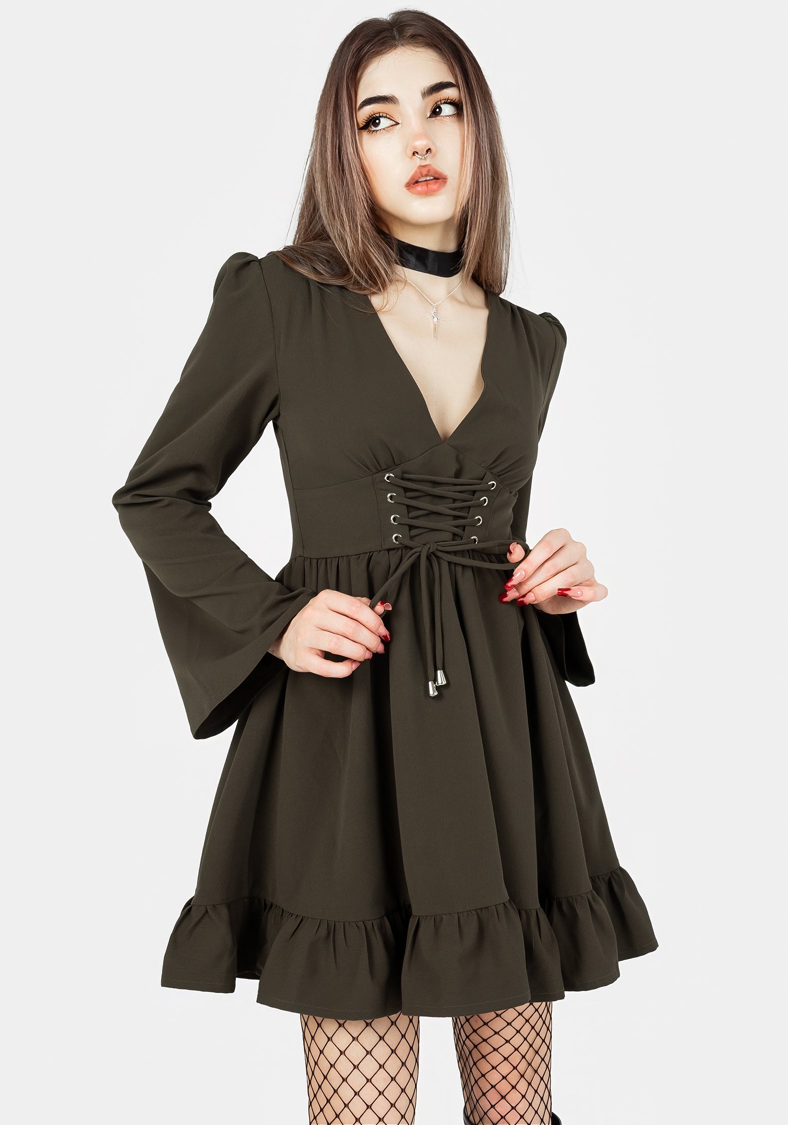 Green Lace Up Mini Dress with Plunging Neckline | Aura