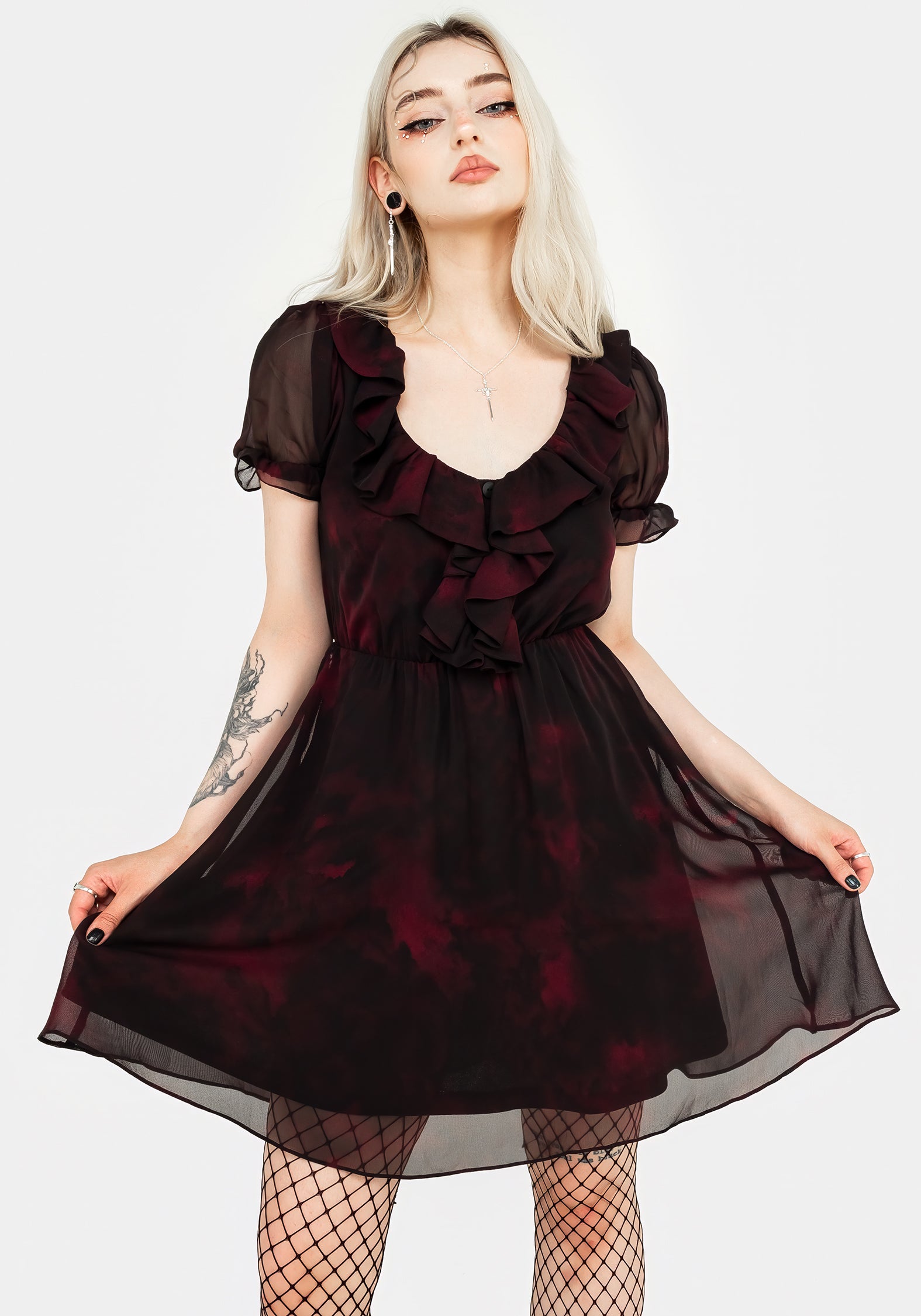 Red & Black Chiffon Ruffle Mini Dress with Puff Sleeves | Vesta