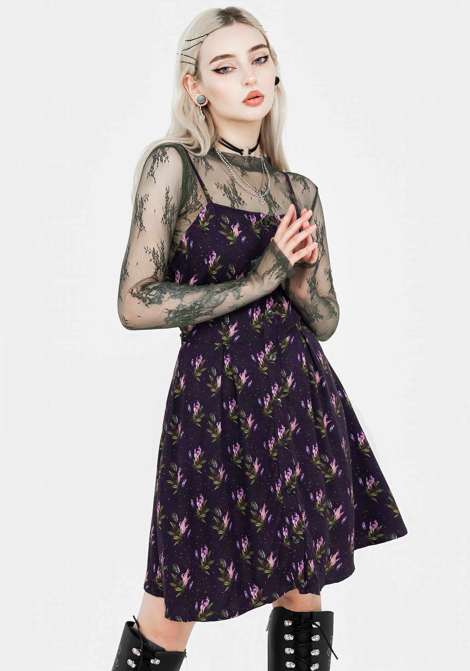 Purple Crystal Print Button Up Cami Dress | Petra