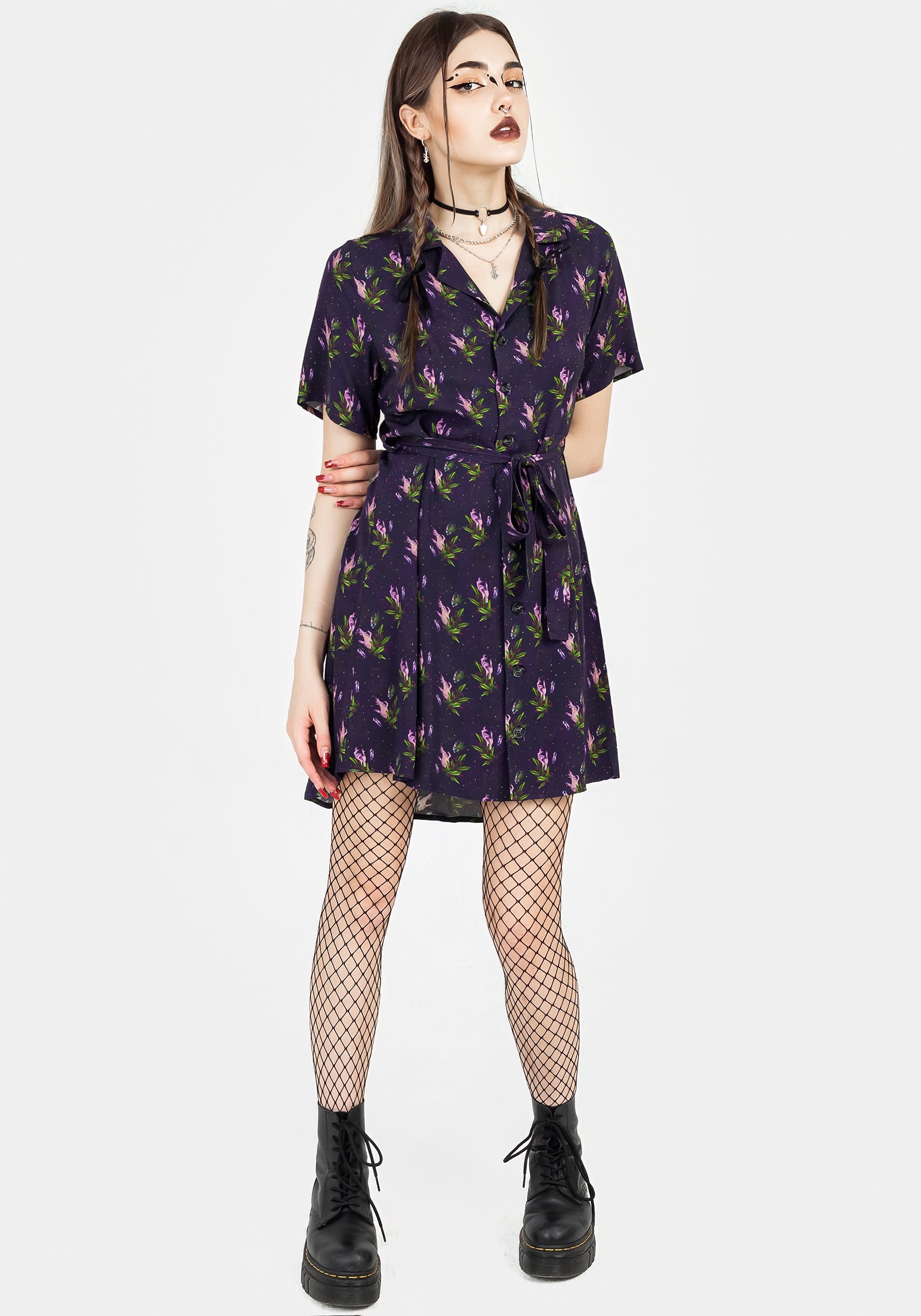 Purple Printed Mini Shirt Dress with Belt & V-Neck | Petra