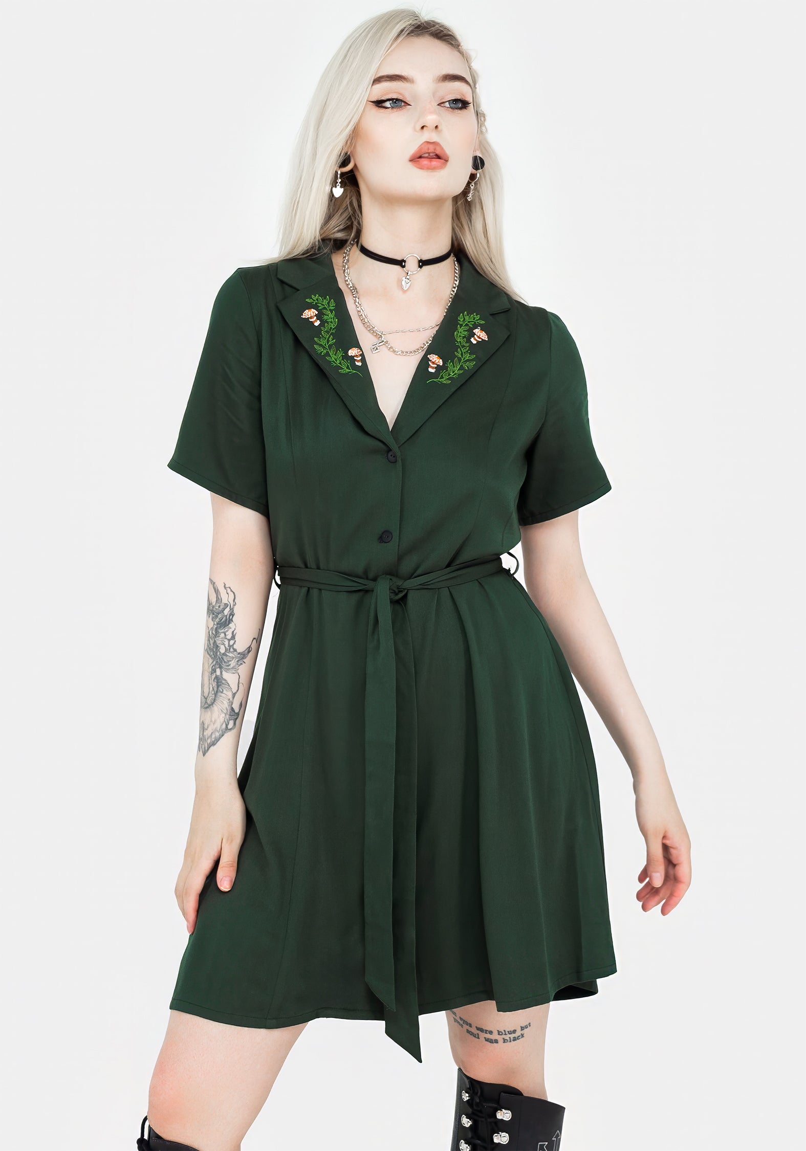 Green Embroidered Button Up Mini Shirt Dress with Belt | Fable
