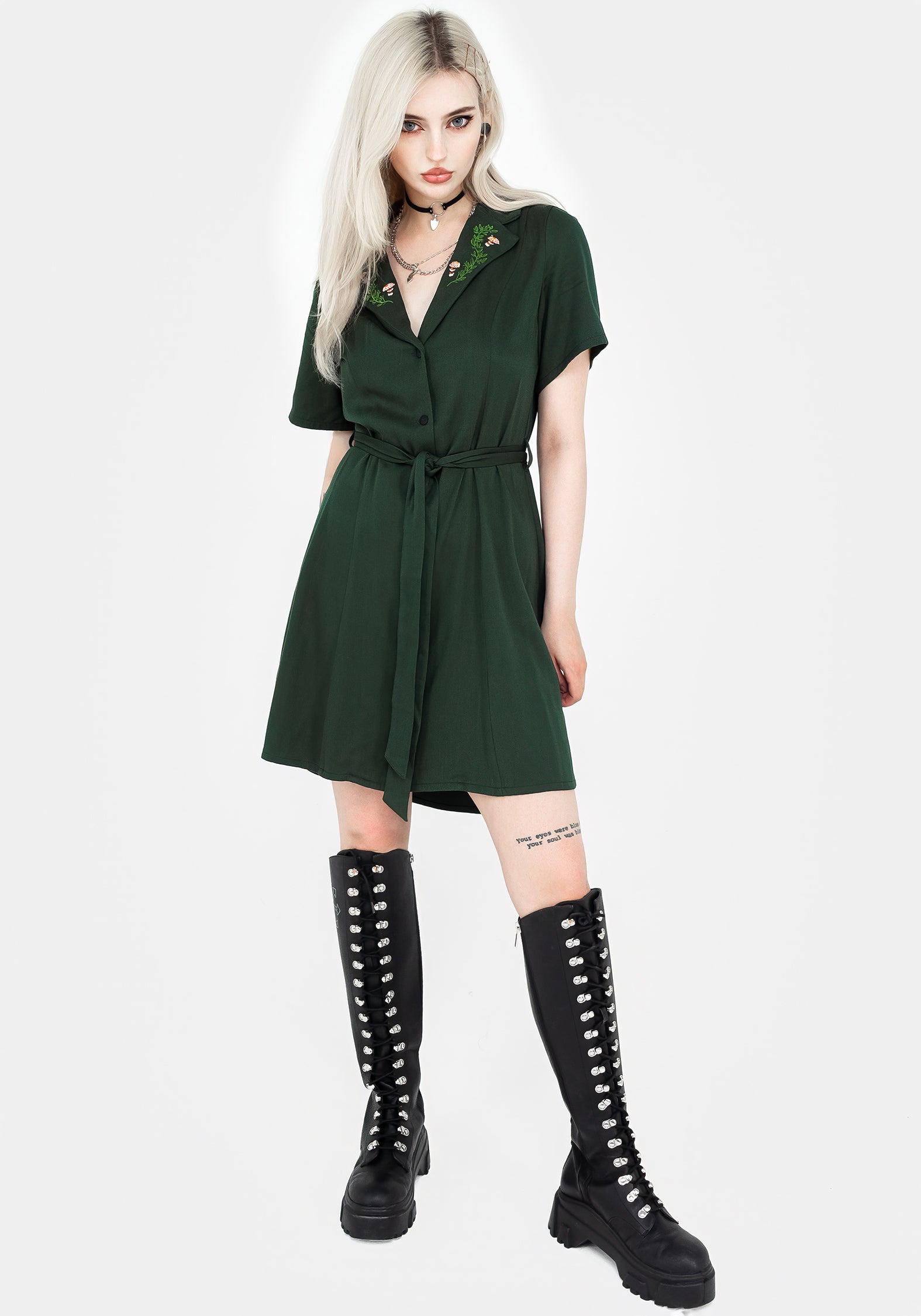Green Embroidered Button Up Mini Shirt Dress with Belt | Fable
