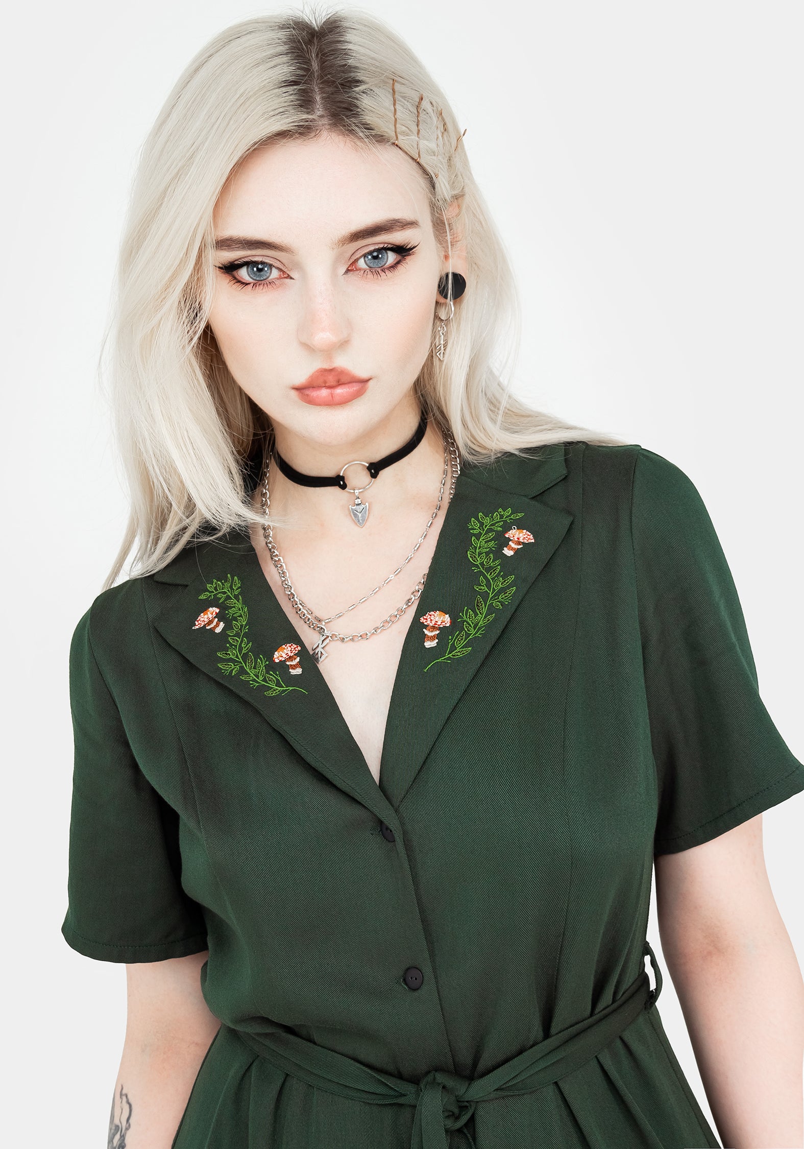 Green Embroidered Button Up Mini Shirt Dress with Belt | Fable