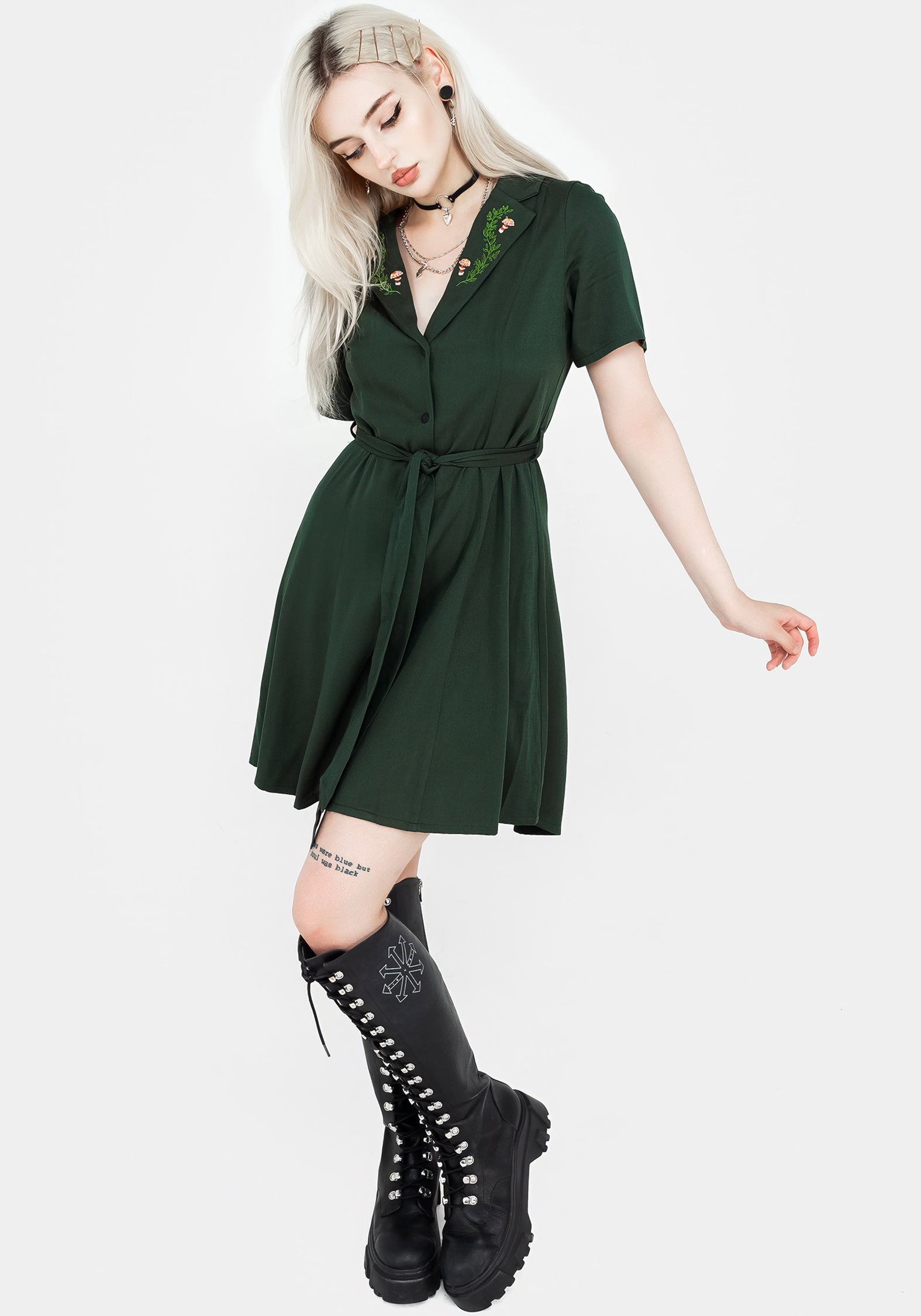 Green Embroidered Button Up Mini Shirt Dress with Belt | Fable
