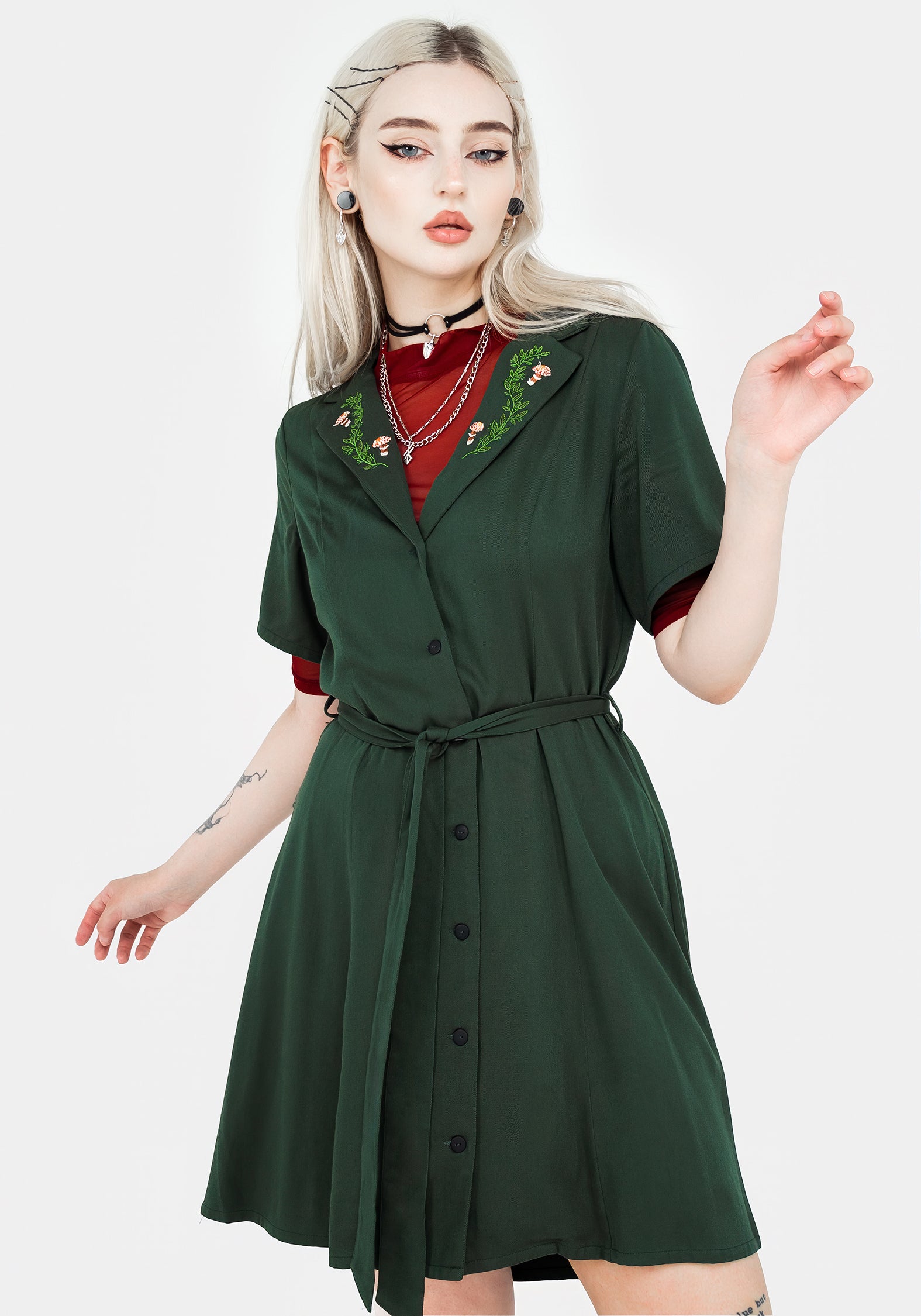 Green Embroidered Button Up Mini Shirt Dress with Belt | Fable