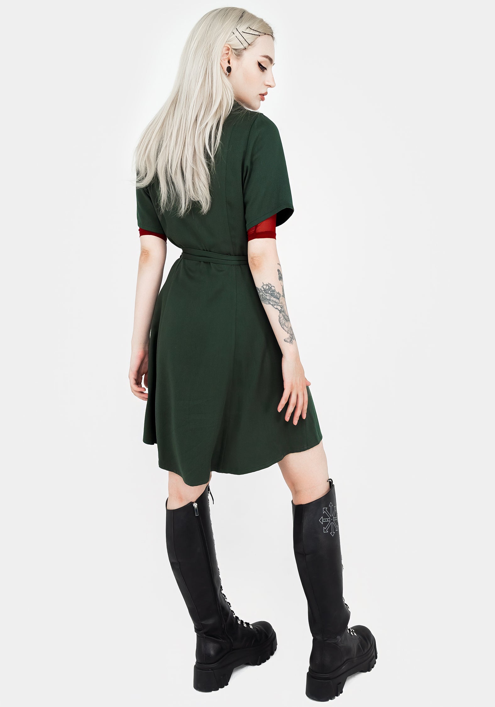 Green Embroidered Button Up Mini Shirt Dress with Belt | Fable