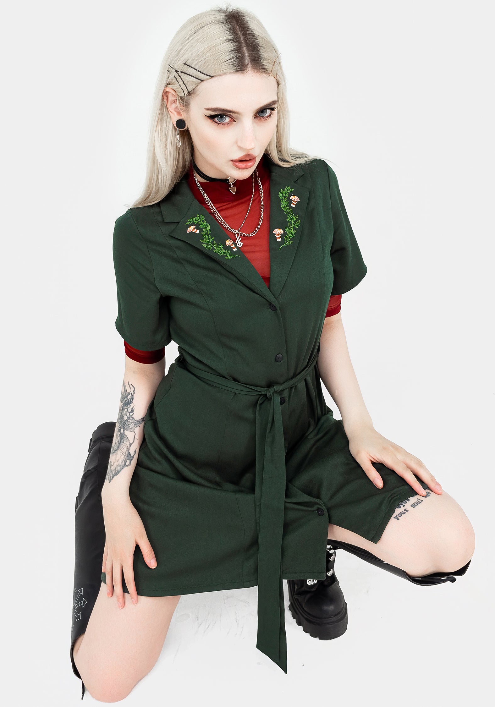 Green Embroidered Button Up Mini Shirt Dress with Belt | Fable