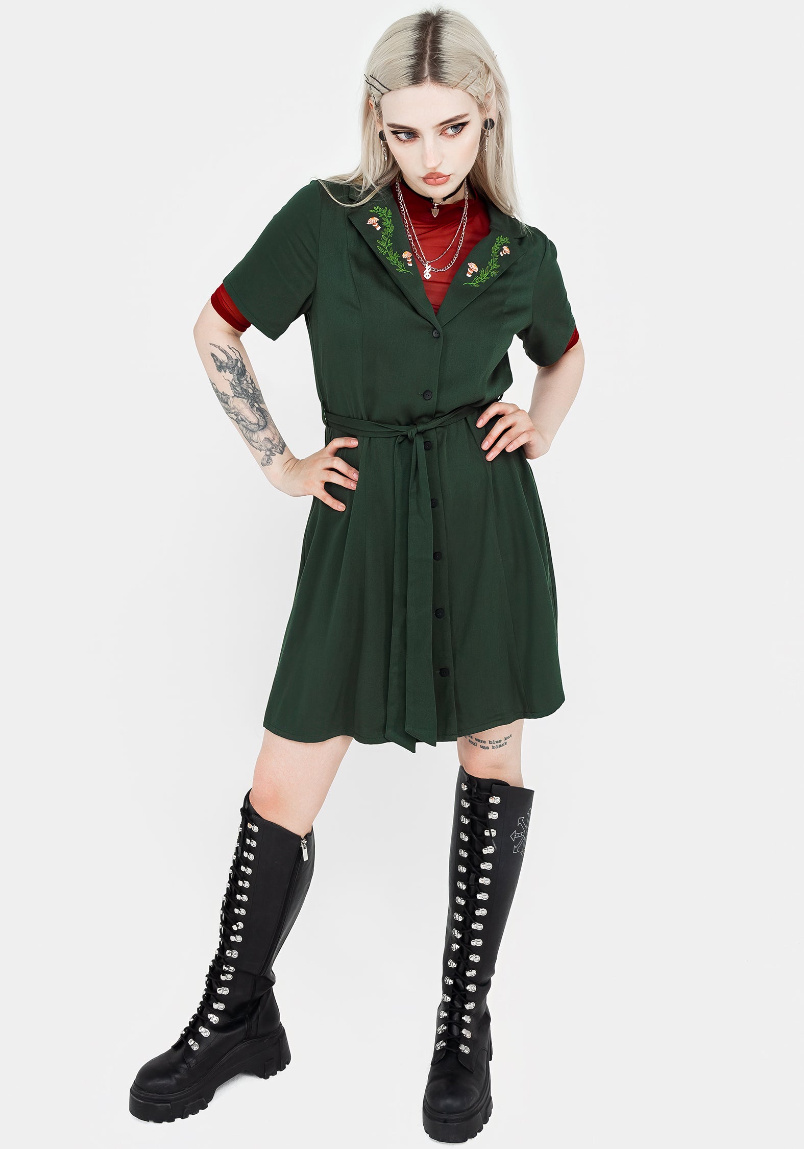 Green Embroidered Button Up Mini Shirt Dress with Belt | Fable