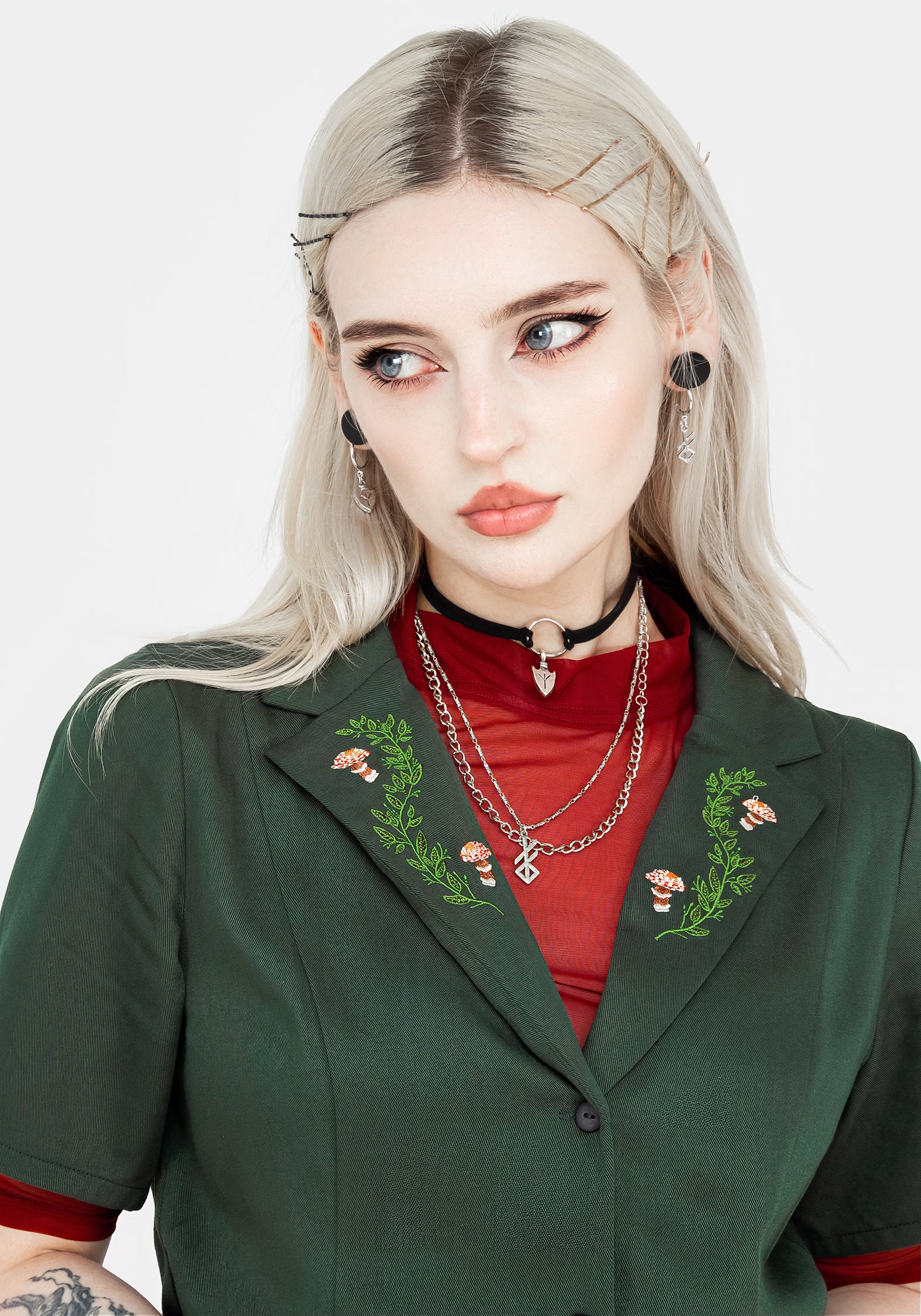 Green Embroidered Button Up Mini Shirt Dress with Belt | Fable