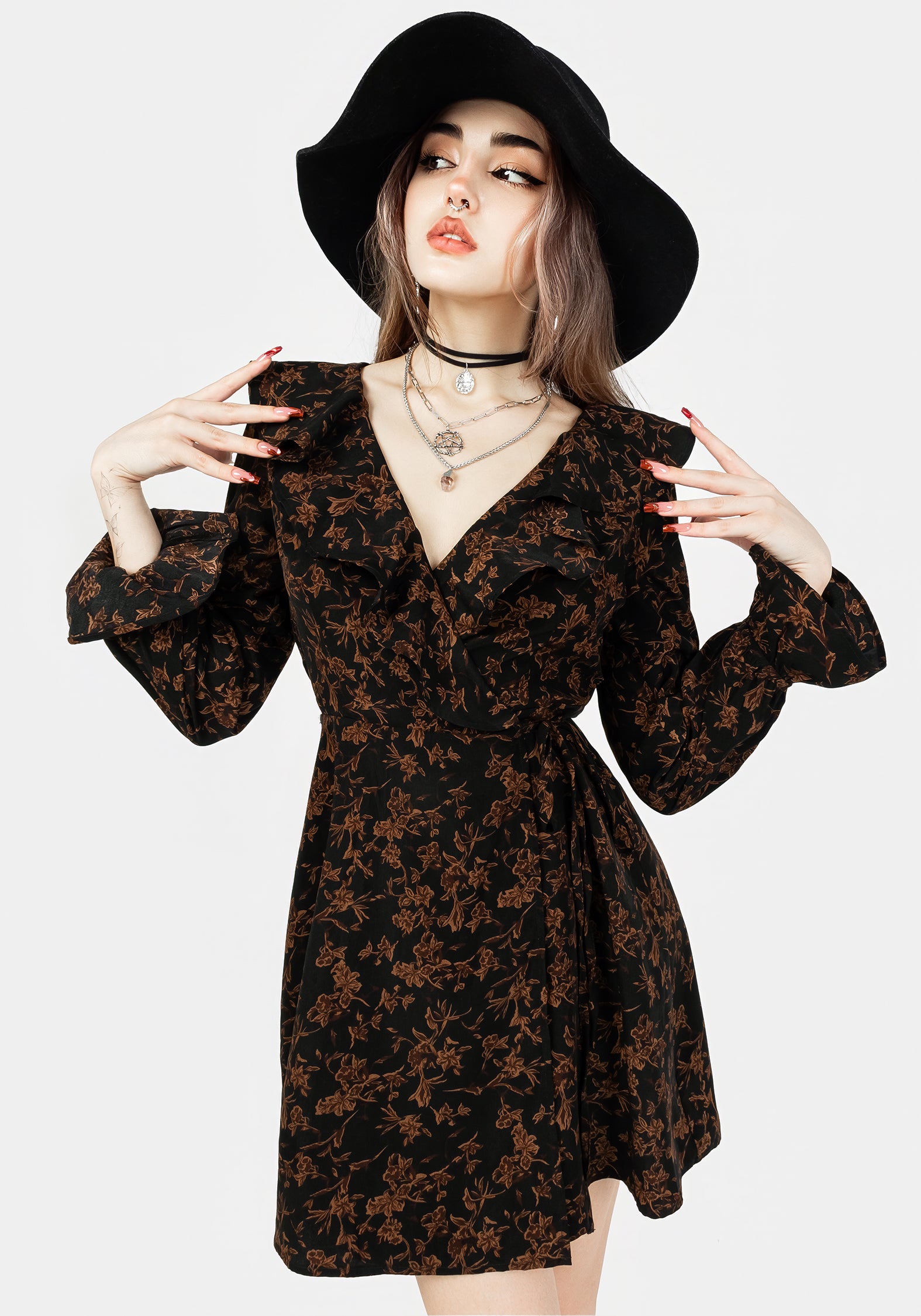 Floral Print Wrap Mini Dress with Frill Details | Monstera