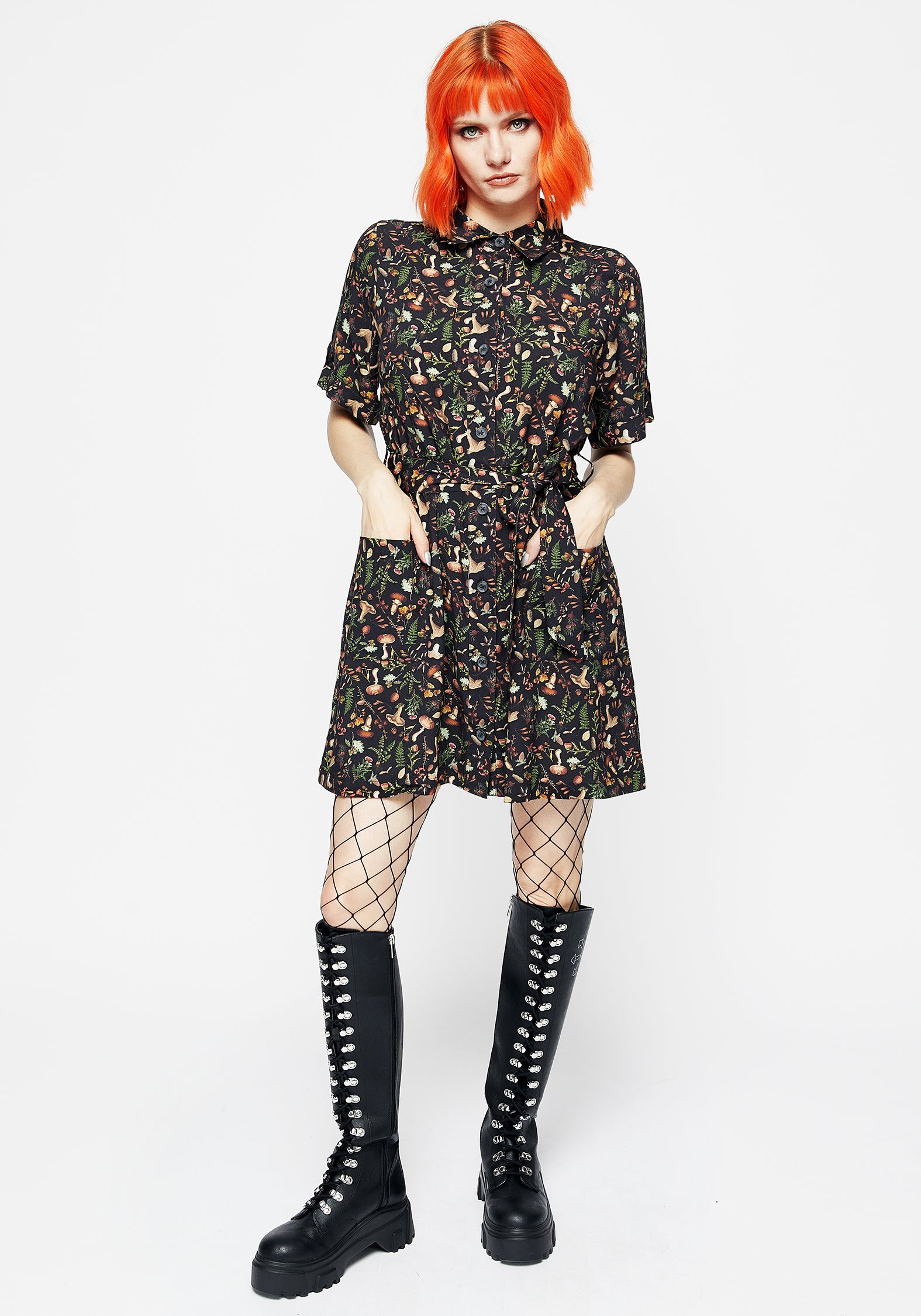 Black Mushroom Print Short Sleeve Shirt Dress | Vasilisa