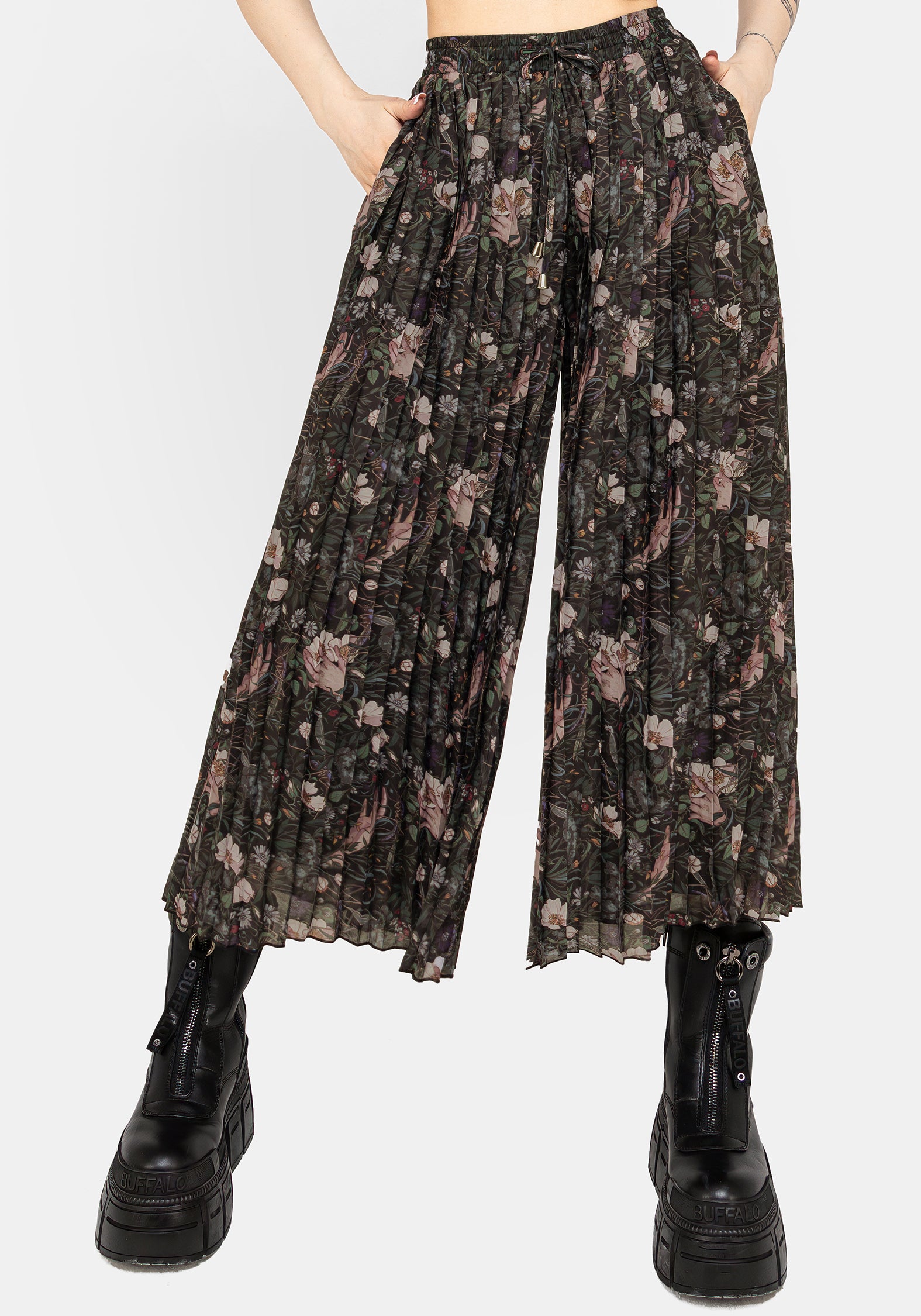 Green Floral Pleated Chiffon Culottes with Pockets | Ophelia