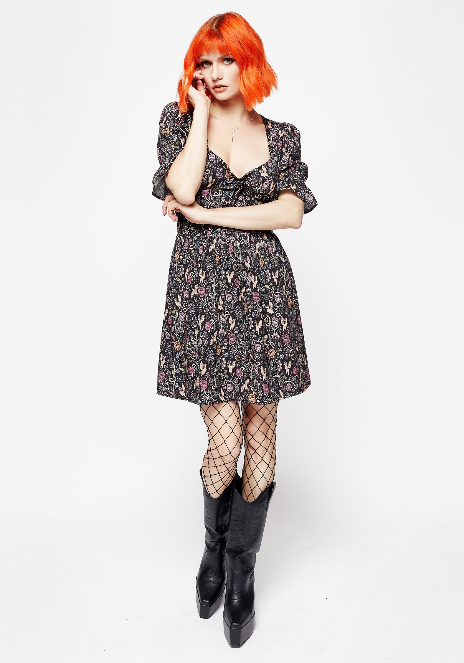 Black Floral Dragon Print Puff Sleeve Mini Dress | Snapdragon