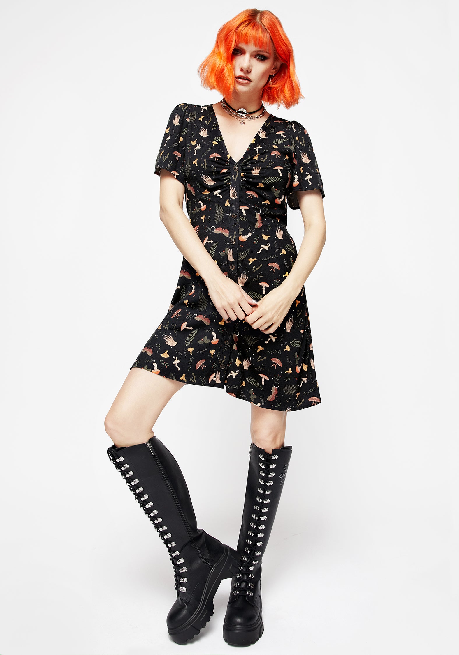 Occult Moon & Mushroom Button-Up Mini Dress | Liviana