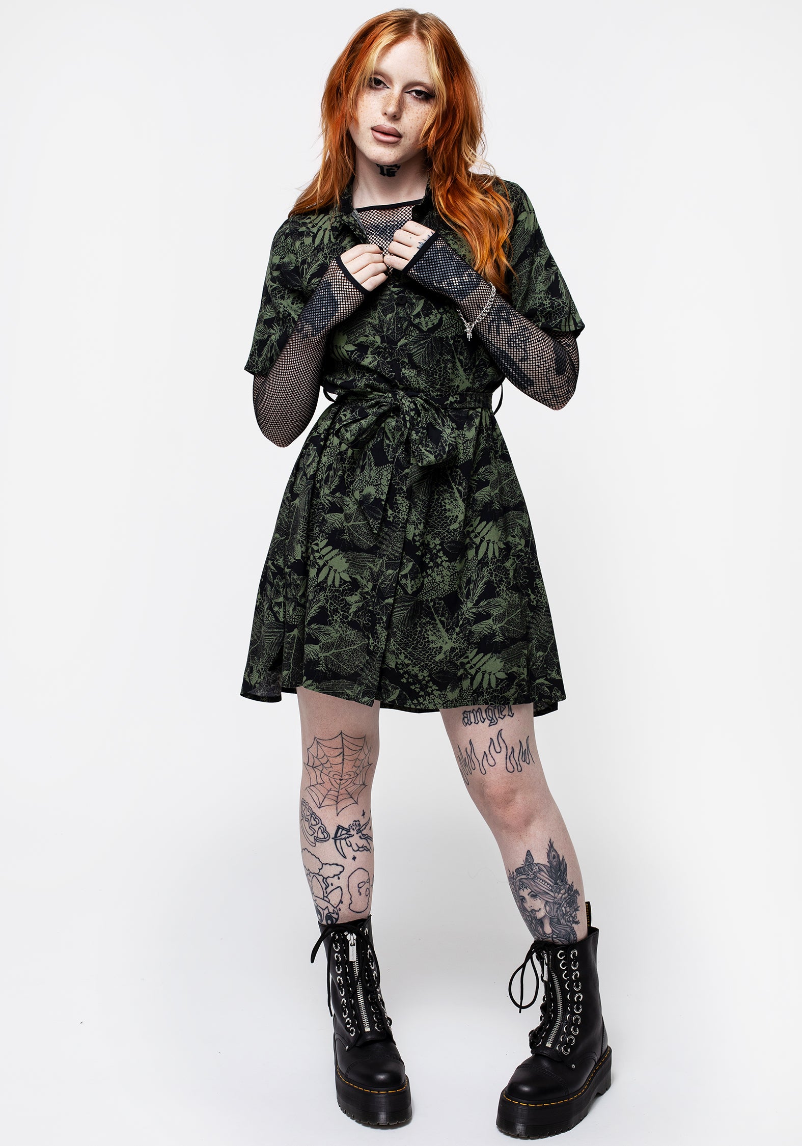 Black & Green Leaf Print Mini Shirt Dress | Daphne