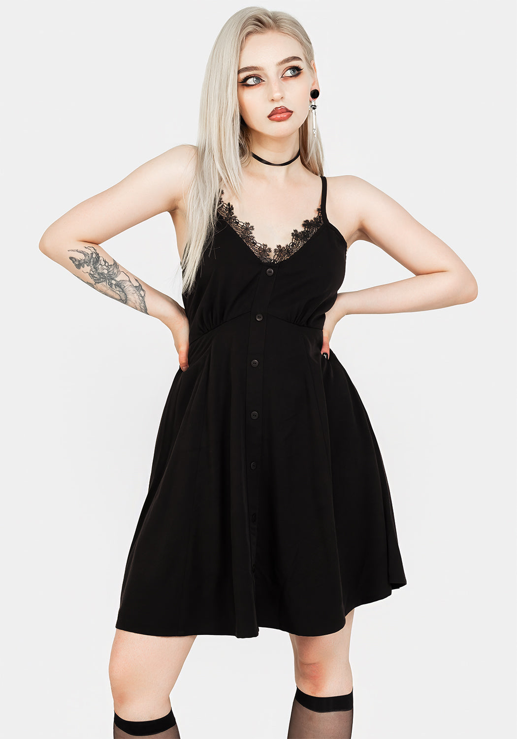 Black Lace Mini Sundress with V-Neck & Adjustable Straps | Angelica