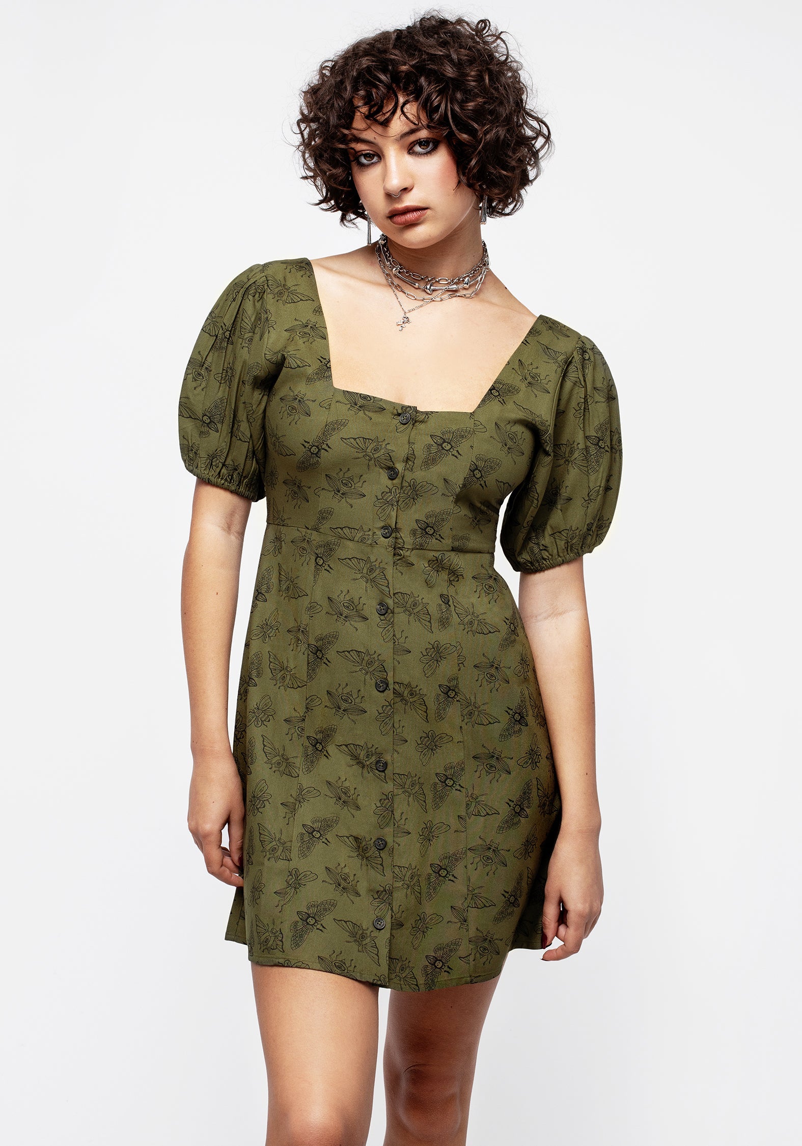 Green Moth Print Puff Sleeve Mini Dress with Button Front | Mortmoth