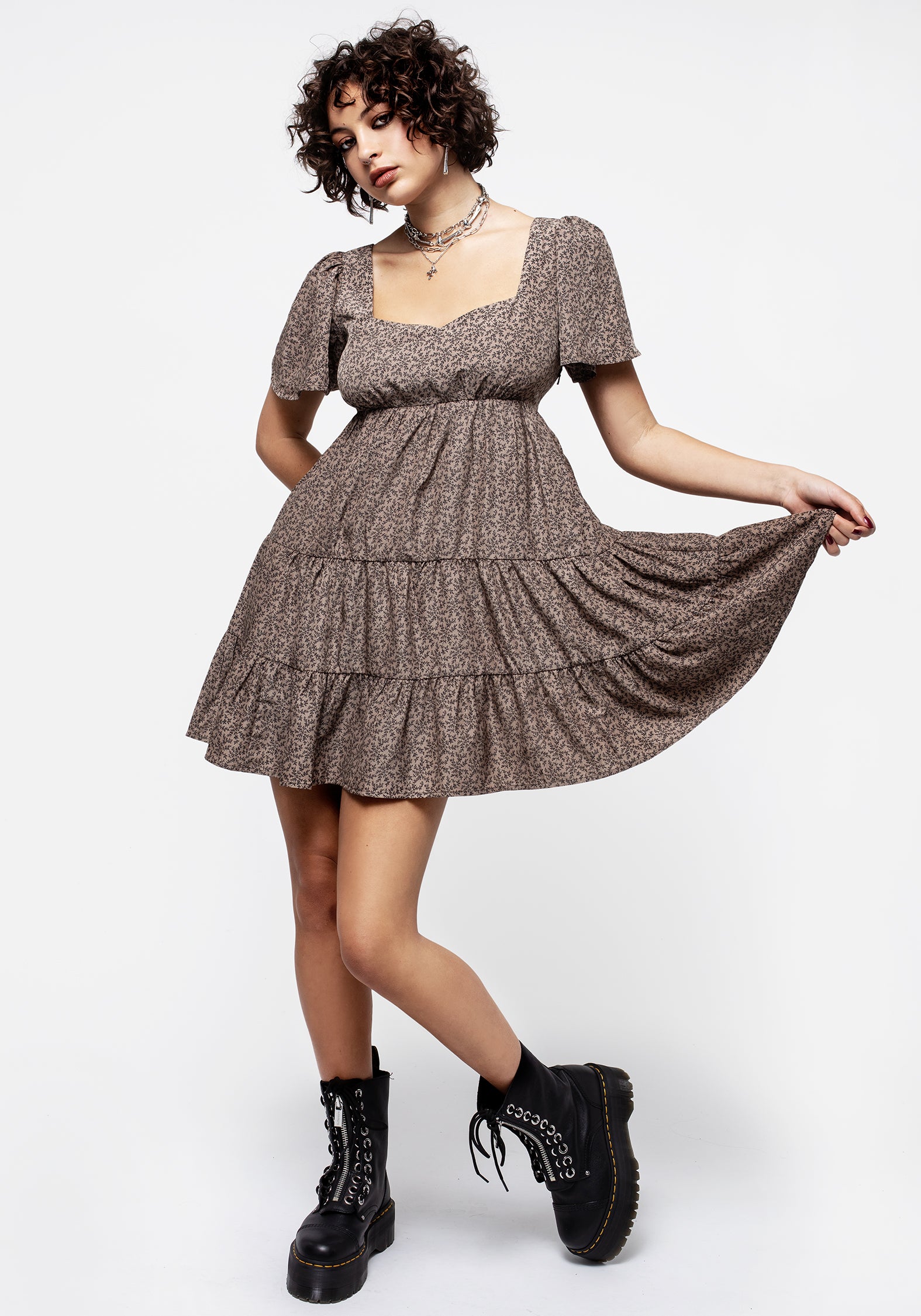 Taupe Floral Tiered Mini Dress with Sweetheart Neckline | Meadowsweet