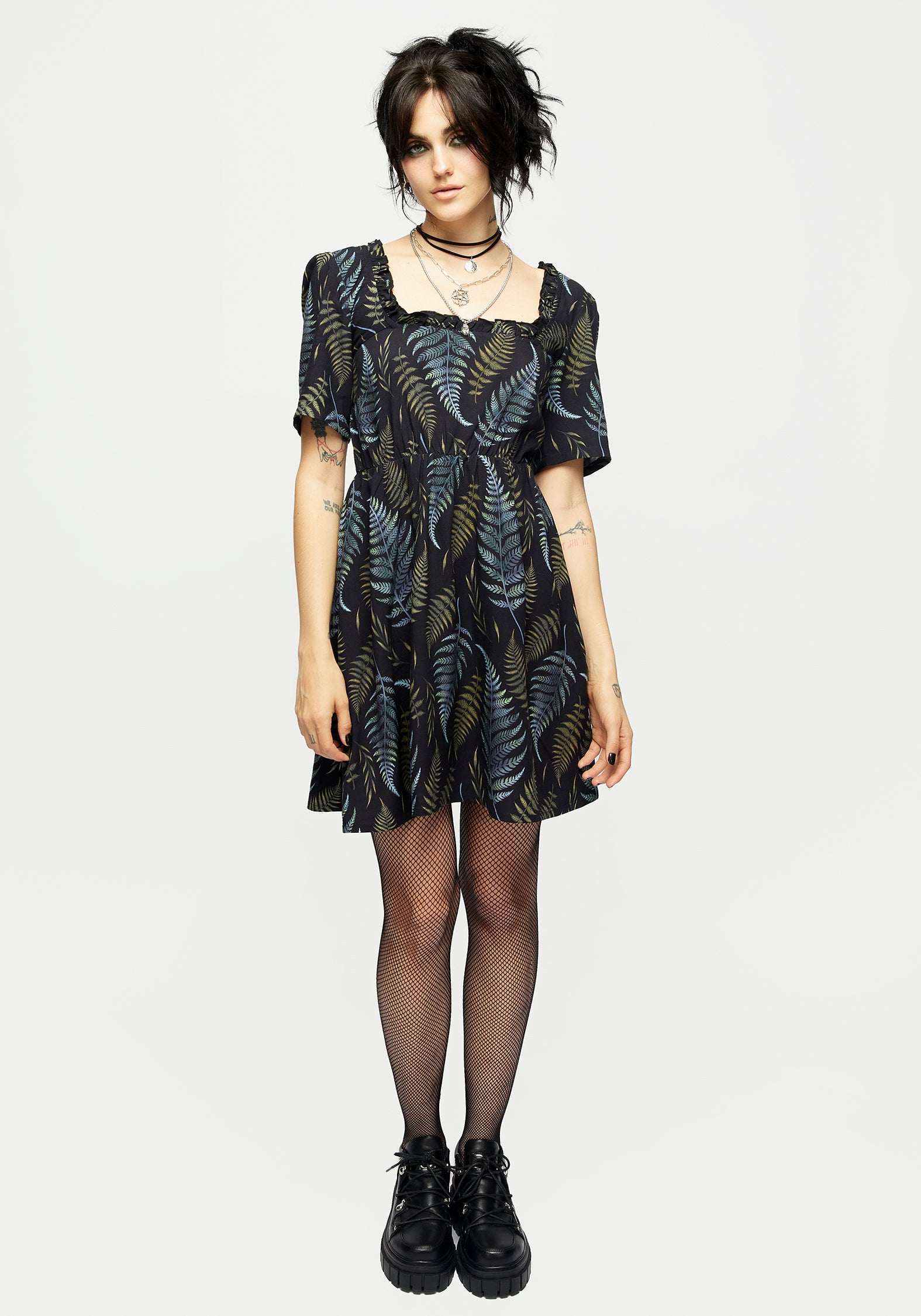 Black Fern Print Ruffle Mini Dress with Shirred Waist | Frond Print Dress