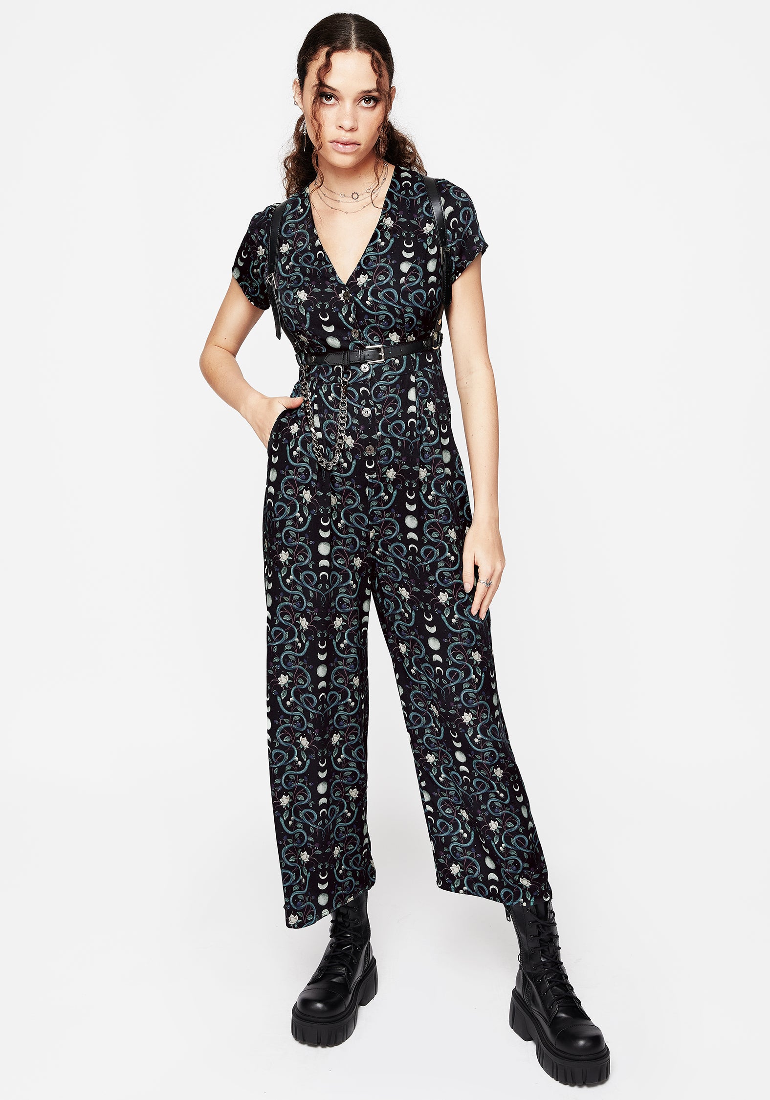Snake & Moon Print Button-Up Jumpsuit with Pockets | Pythia